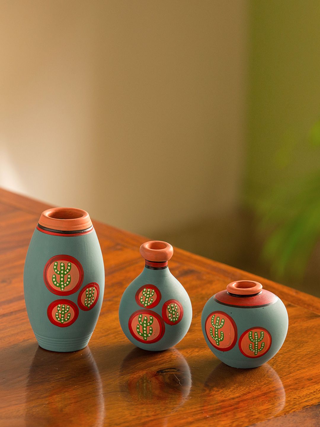 ExclusiveLane Set Of 3 Turquoise Blue Hand-Painted Terracotta Miniature Pots Price in India