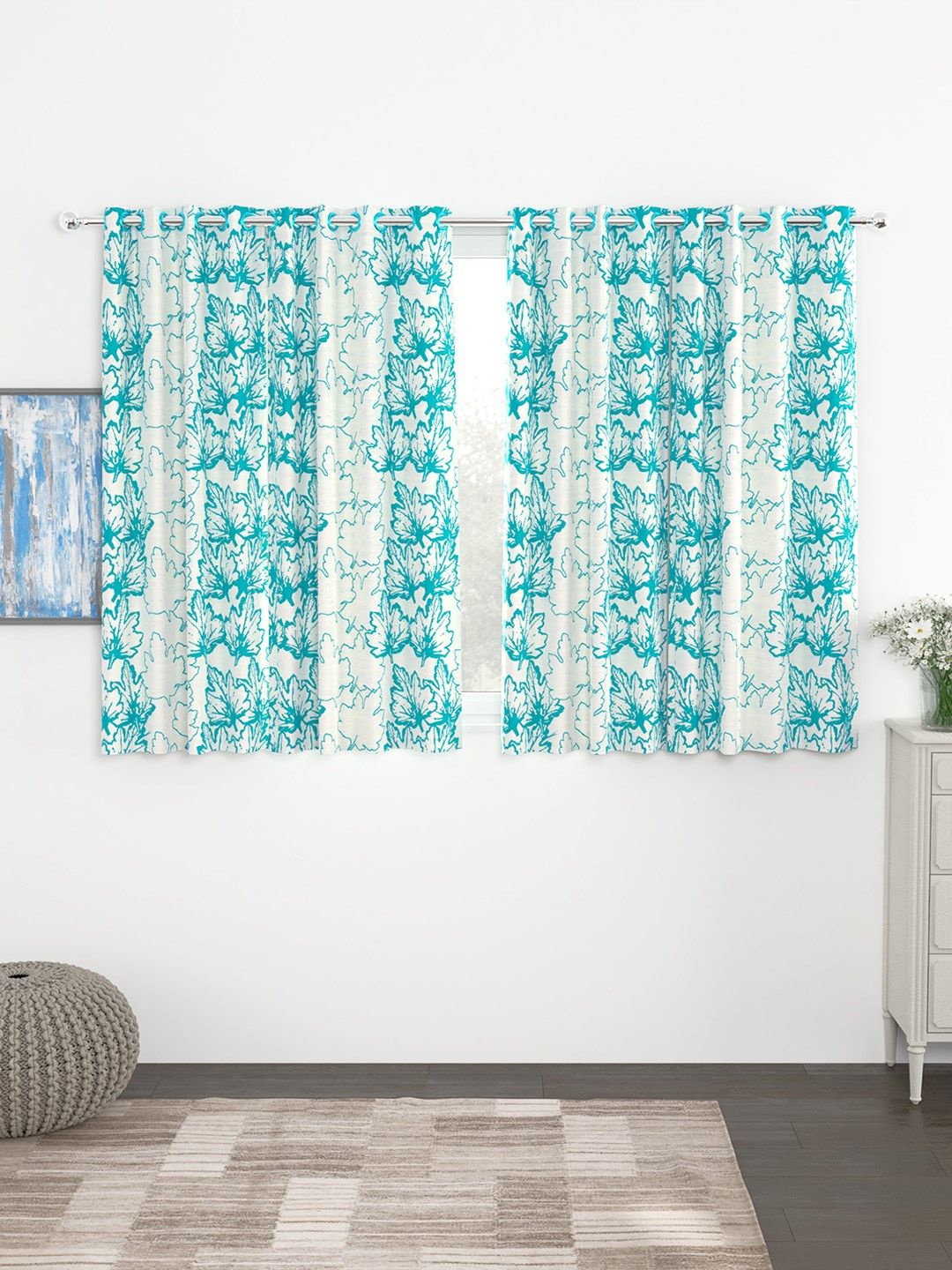 Story@home Turquoise Blue & White Set of 4 300GSM Semi Blackout Jacquard Eyelet Ringtop Window Curtains Price in India