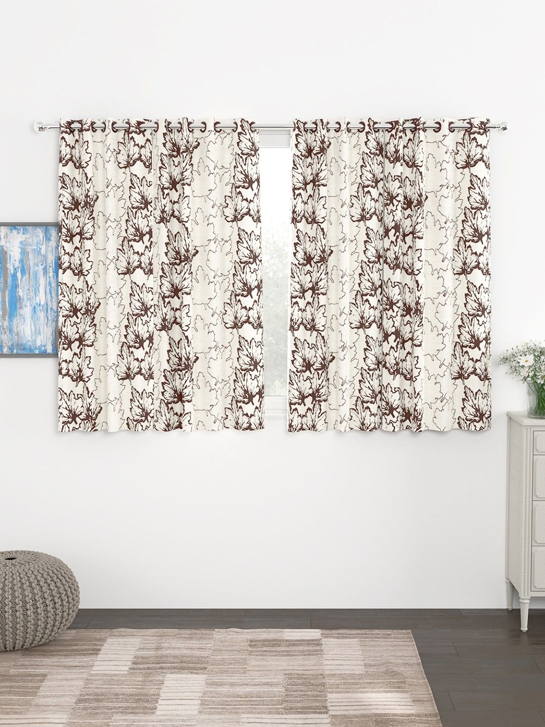 Story@home Coffee Brown & White Set of 4 300GSM Semi Blackout Jacquard Eyelet Ringtop Window Curtains Price in India