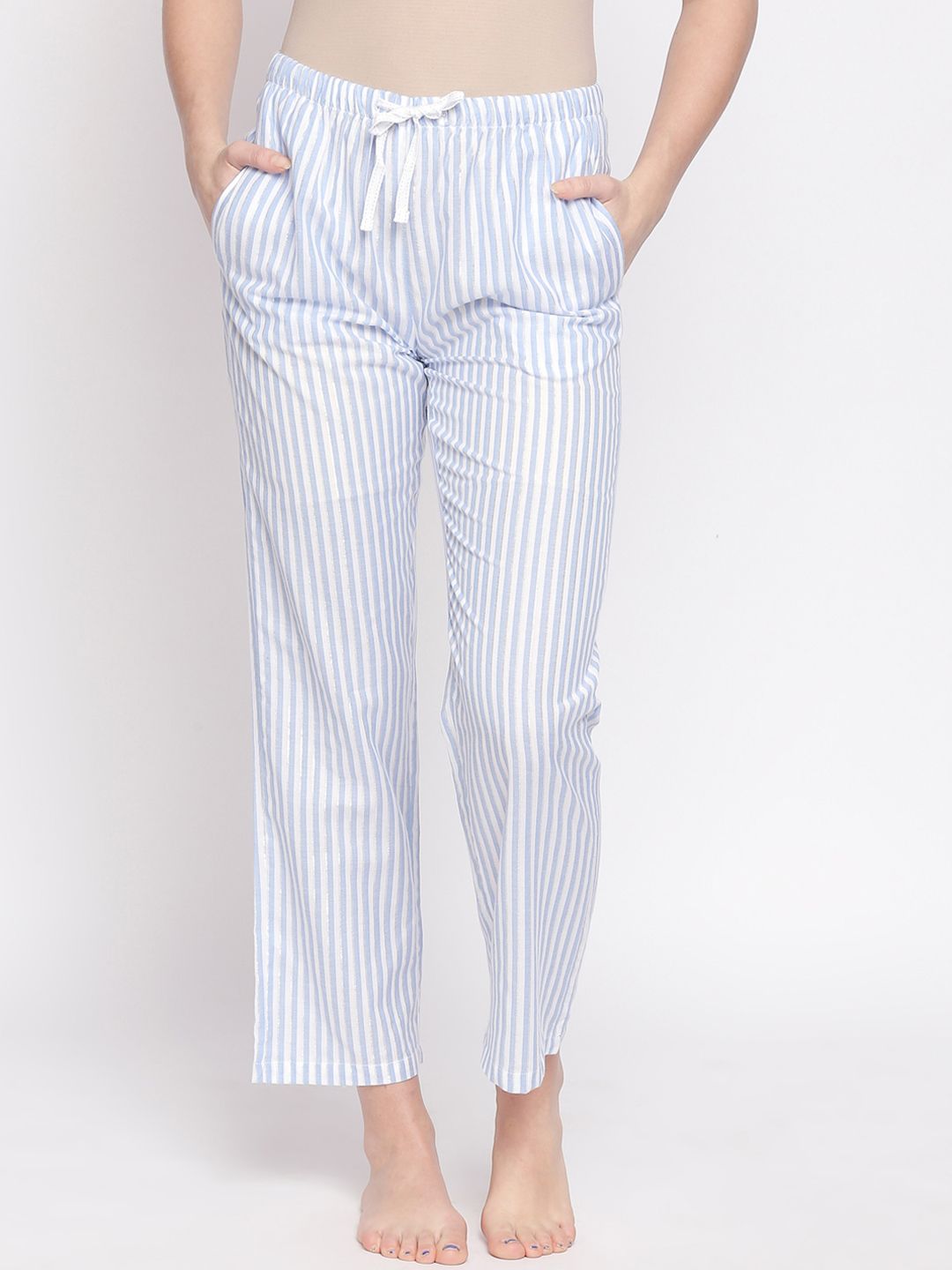 Dreamz by Pantaloons Women White & Blue Striped Lounge Pants Price in India