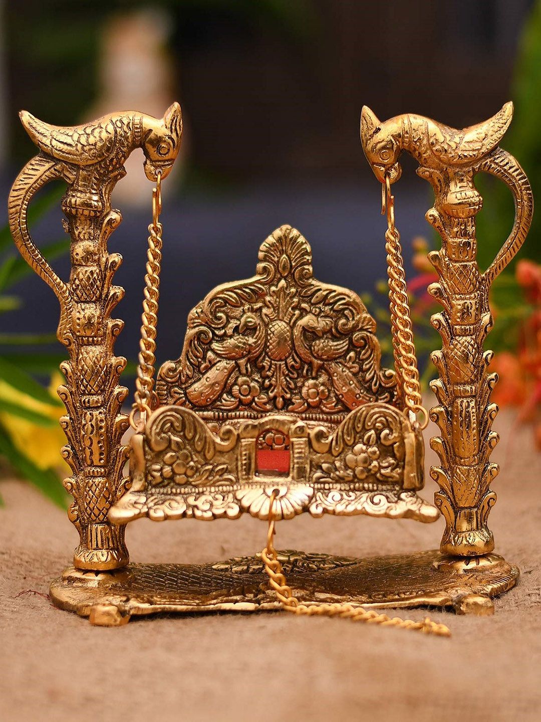 CraftVatika Gold-Plated & Red Swing Jhula Singhasan Pooja Chowki Price in India