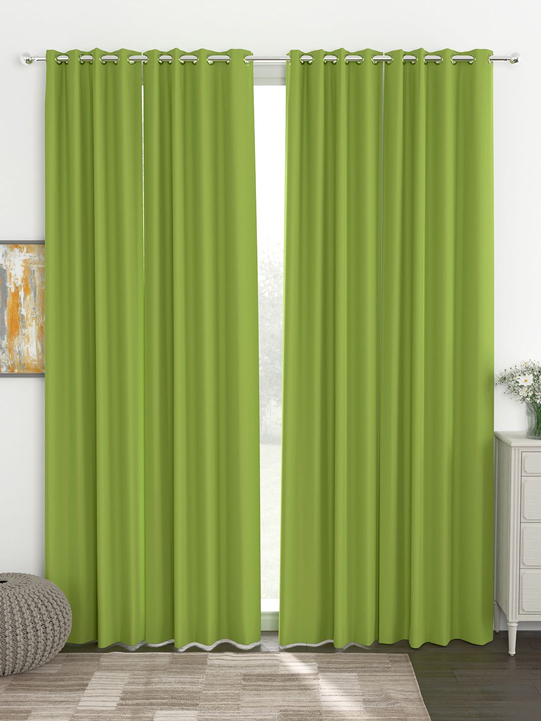 Story@Home Faux Silk Solid 300GSM Green Room Darkening Blackout Door Curtain - Set of 4 Price in India