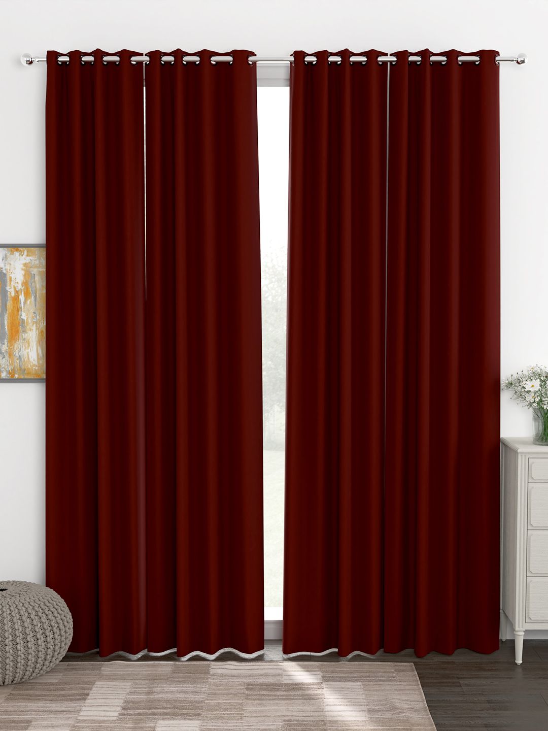Story@Home Faux Silk Solid 300GSM Maroon Room Darkening Blackout Door Curtain - Set of 4 Price in India