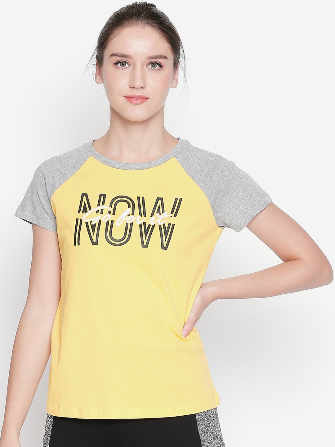 Ajile by Pantaloons Women Yellow Printed Round Neck Pure Cotton T-shirt Price in India