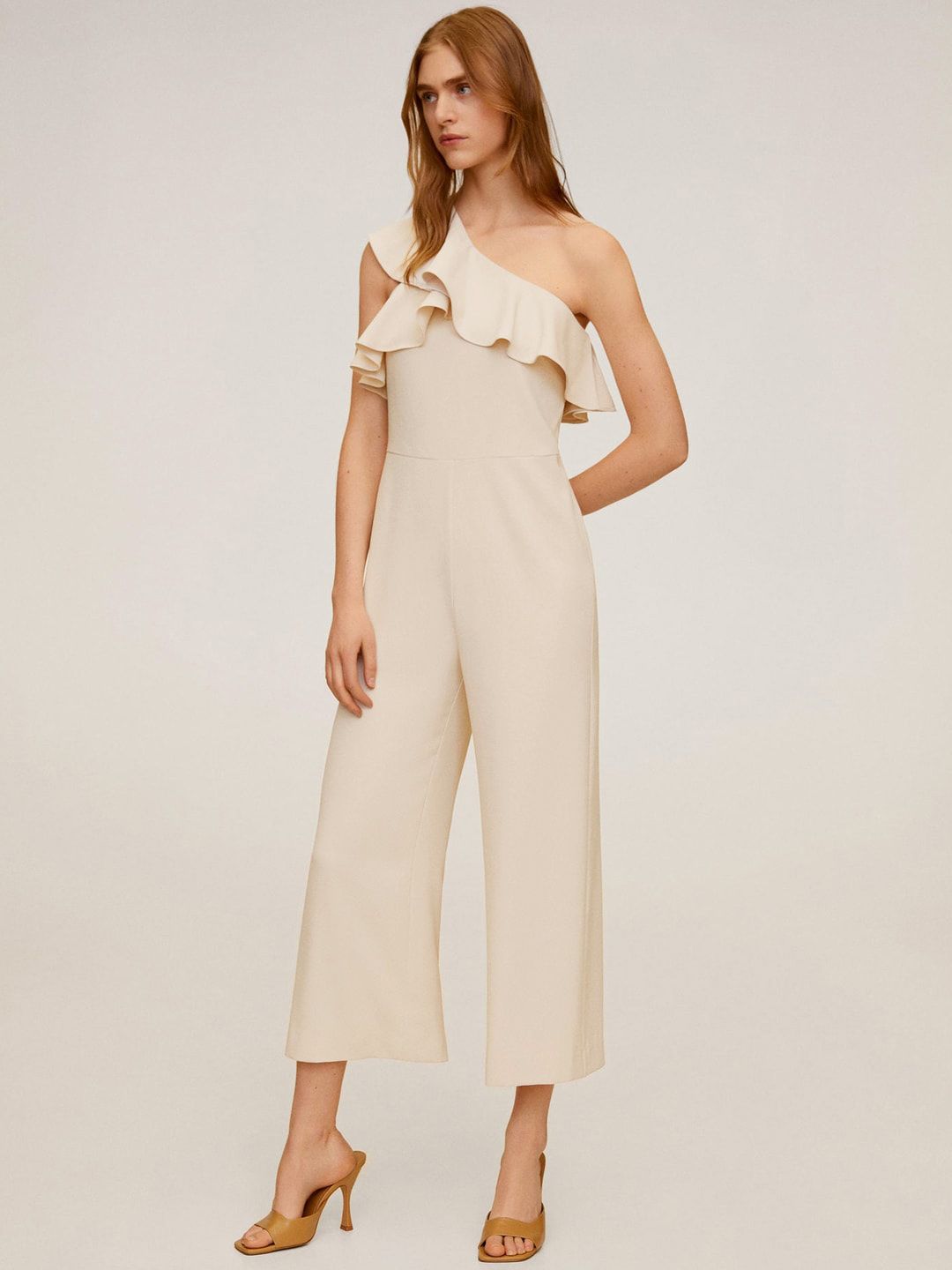 MANGO Women Off-White Solid One-Shoulder Cropped Basic Jumpsuit Price in India