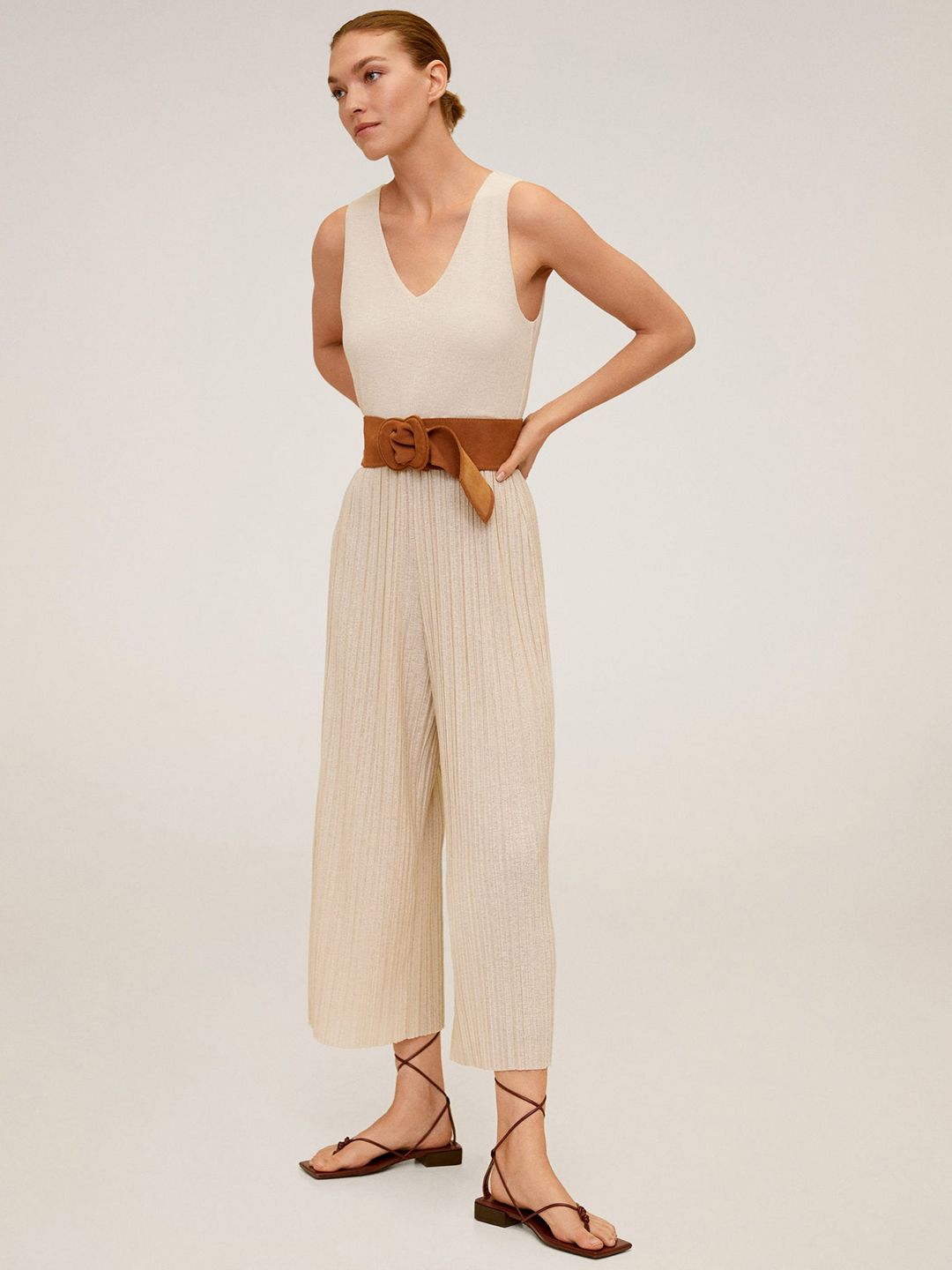 MANGO Women Off-White Solid Pleated Basic Jumpsuit