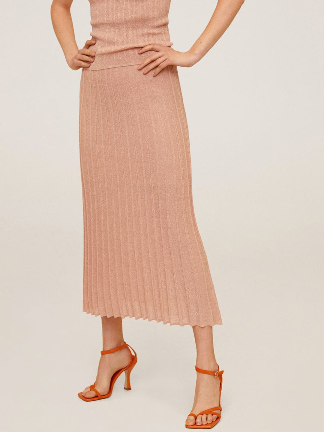 MANGO Women Peach-Coloured Solid Accordion Pleated A-Line Skirt