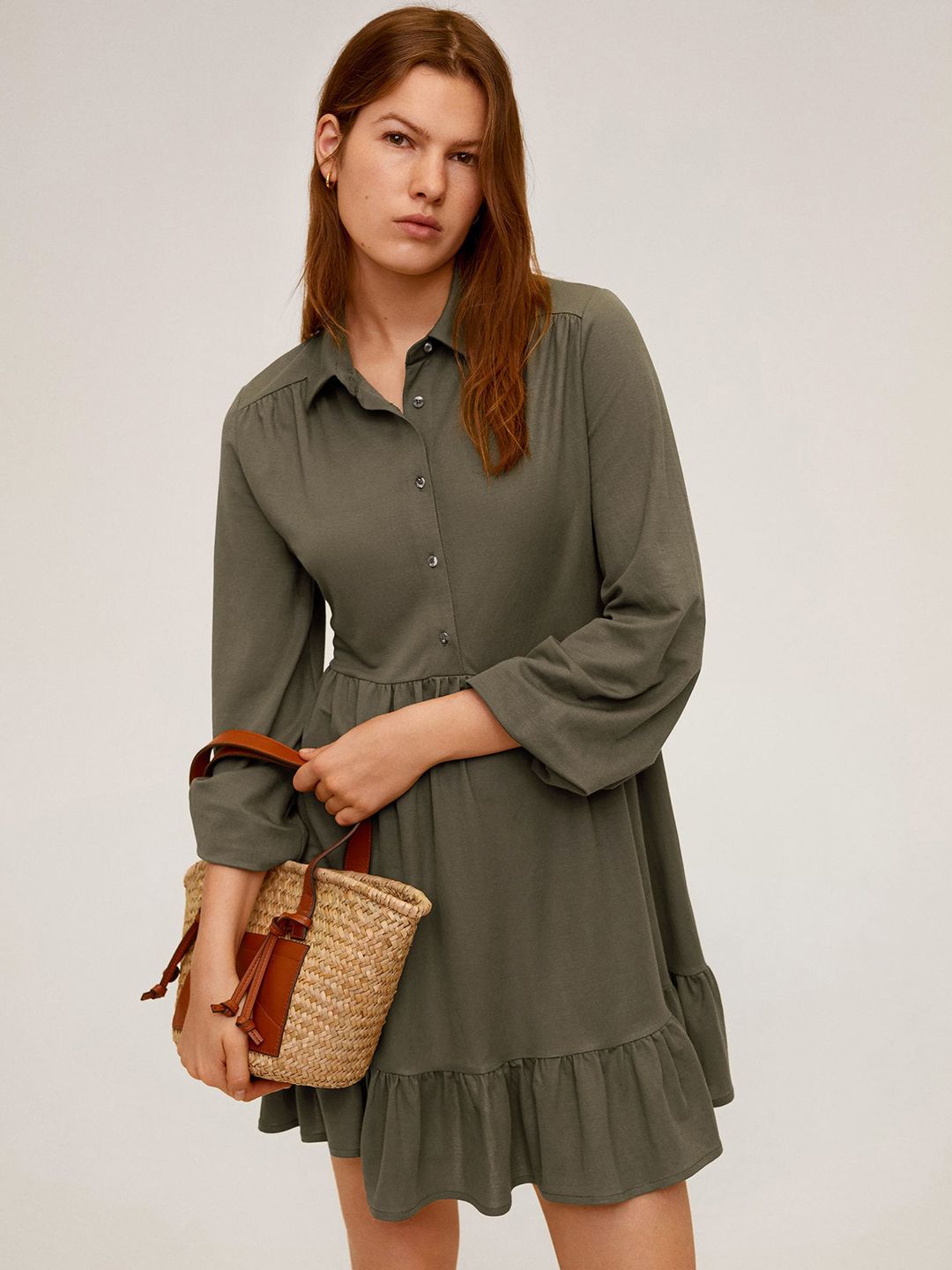 mango green dress long sleeve Satin dress with knot