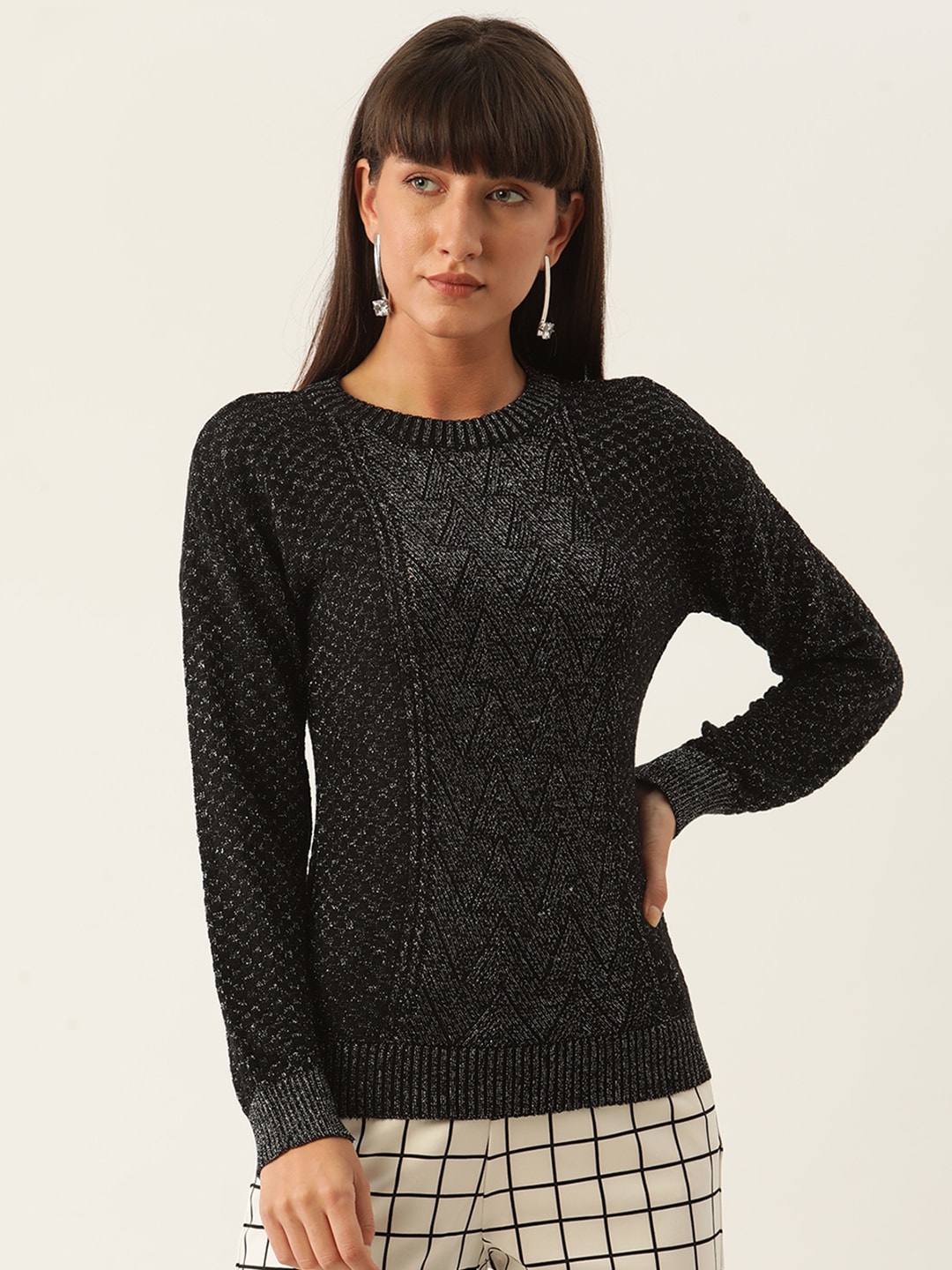ZOELLA Women Black Self Design Pullover Sweater Price in India