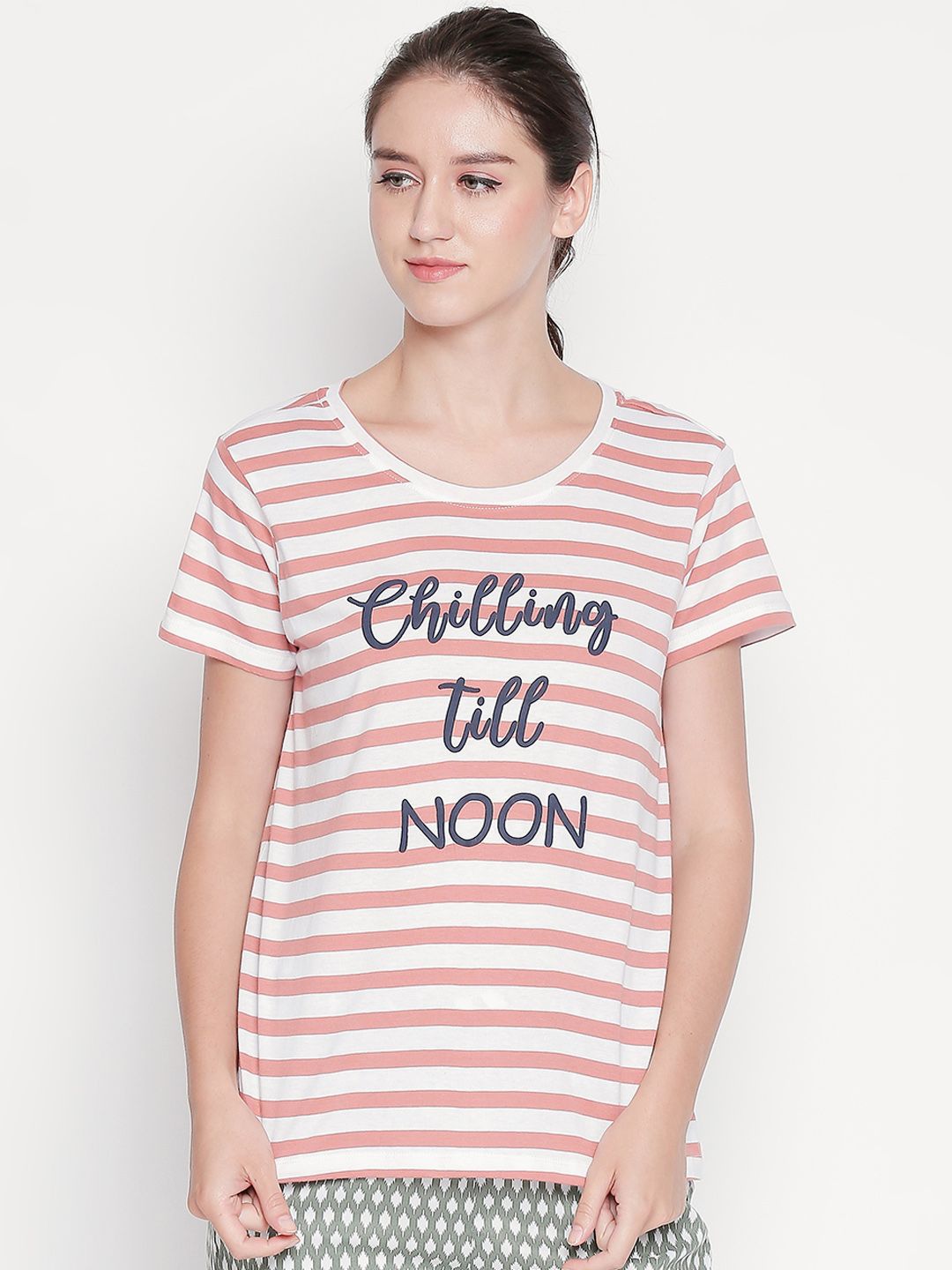 Dreamz by Pantaloons Women Rose Striped Pure Cotton Lounge tshirt Price in India