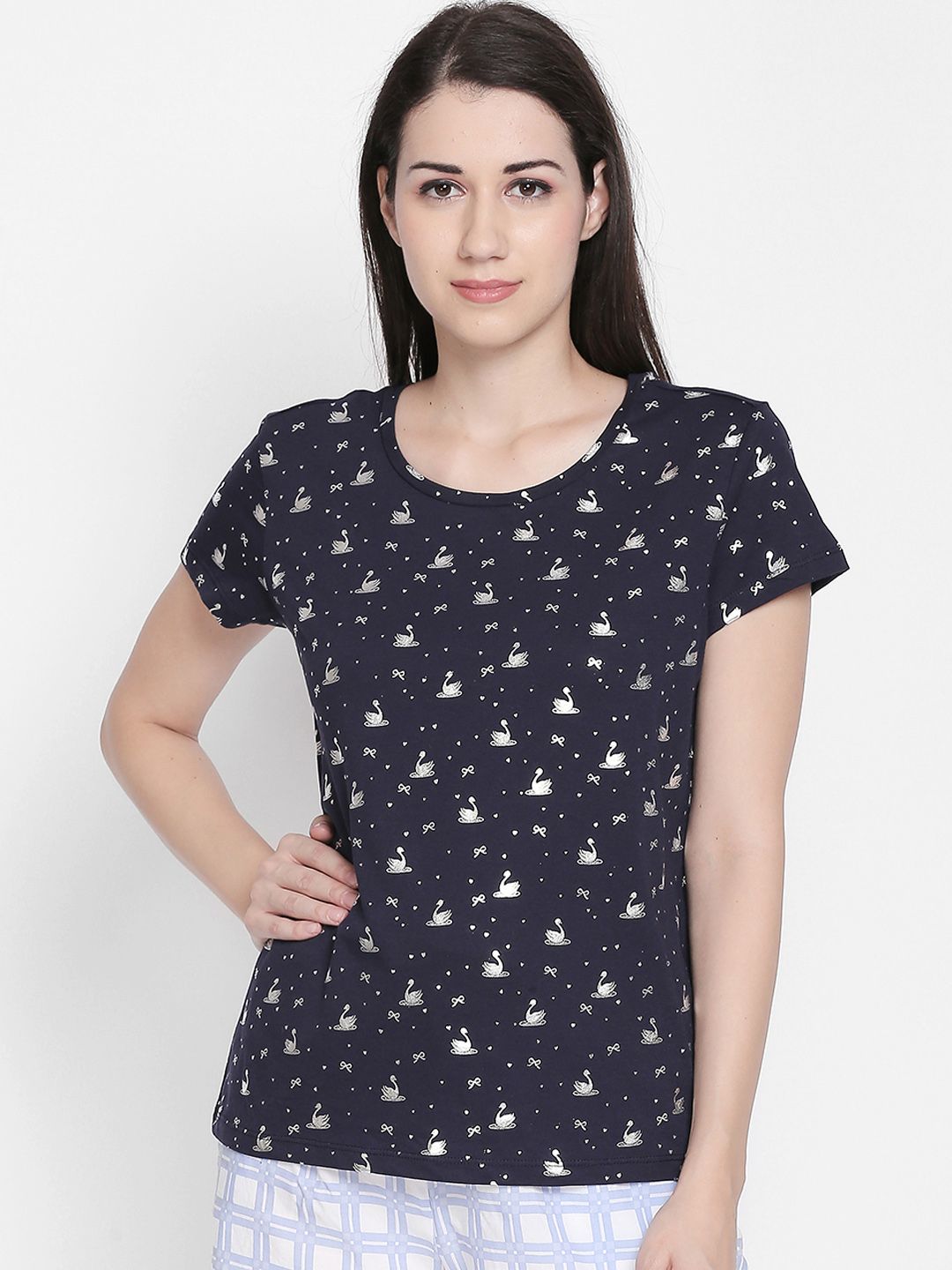 Dreamz by Pantaloons Women Navy Blue Printed Pure Cotton Lounge tshirt Price in India
