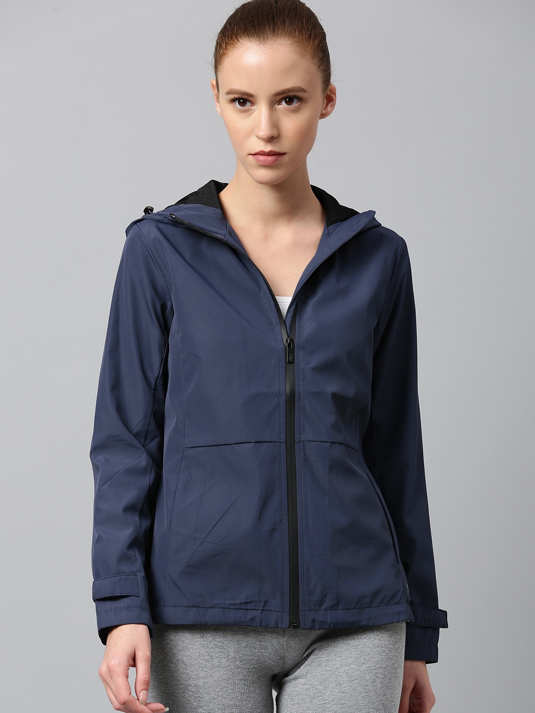 HRX by Hrithik Roshan Women Navy Blue Solid Hooded Sporty Jacket Price in India