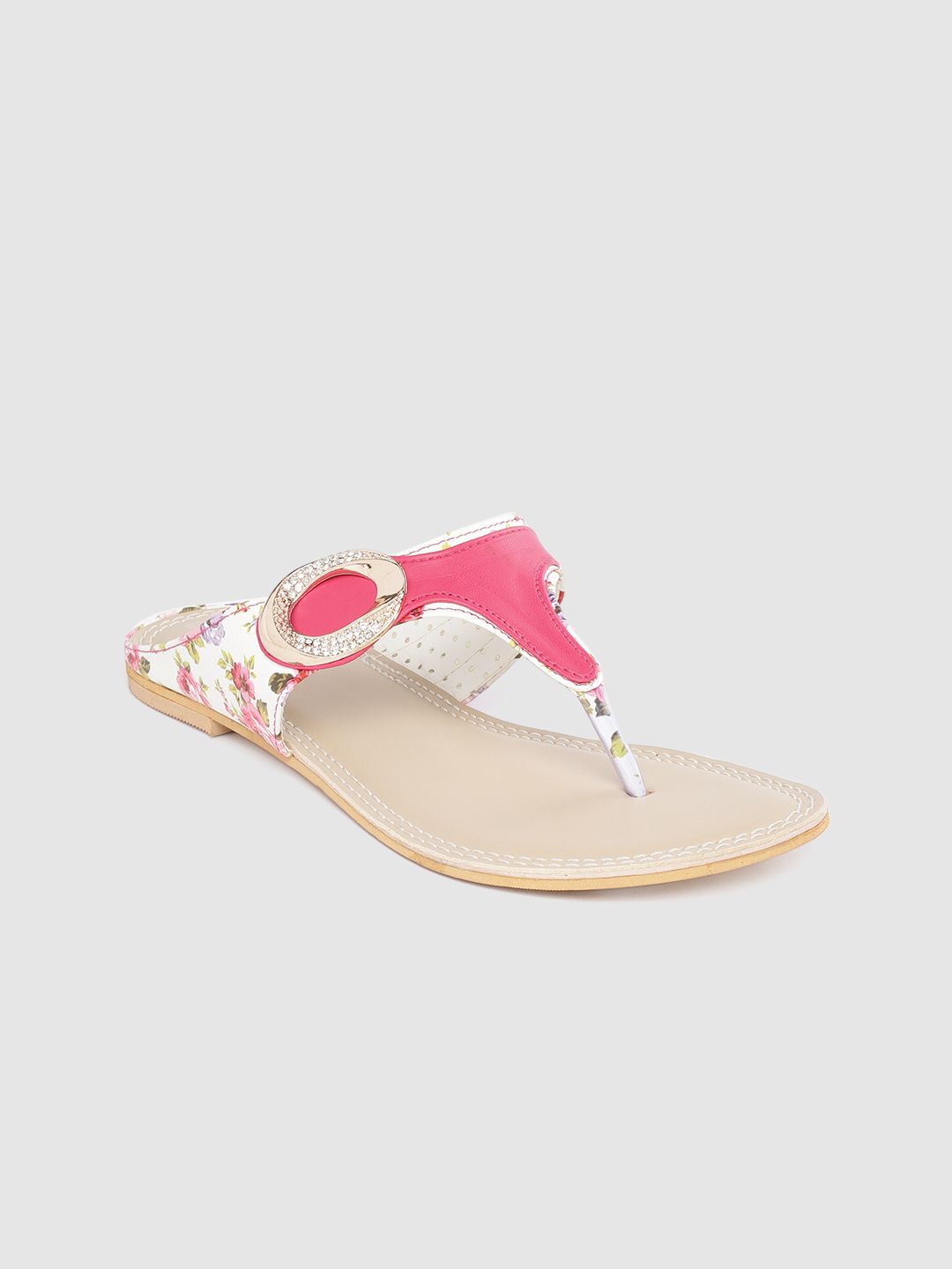 Shezone Women Pink & White Floral Print T-Strap Flats Price in India