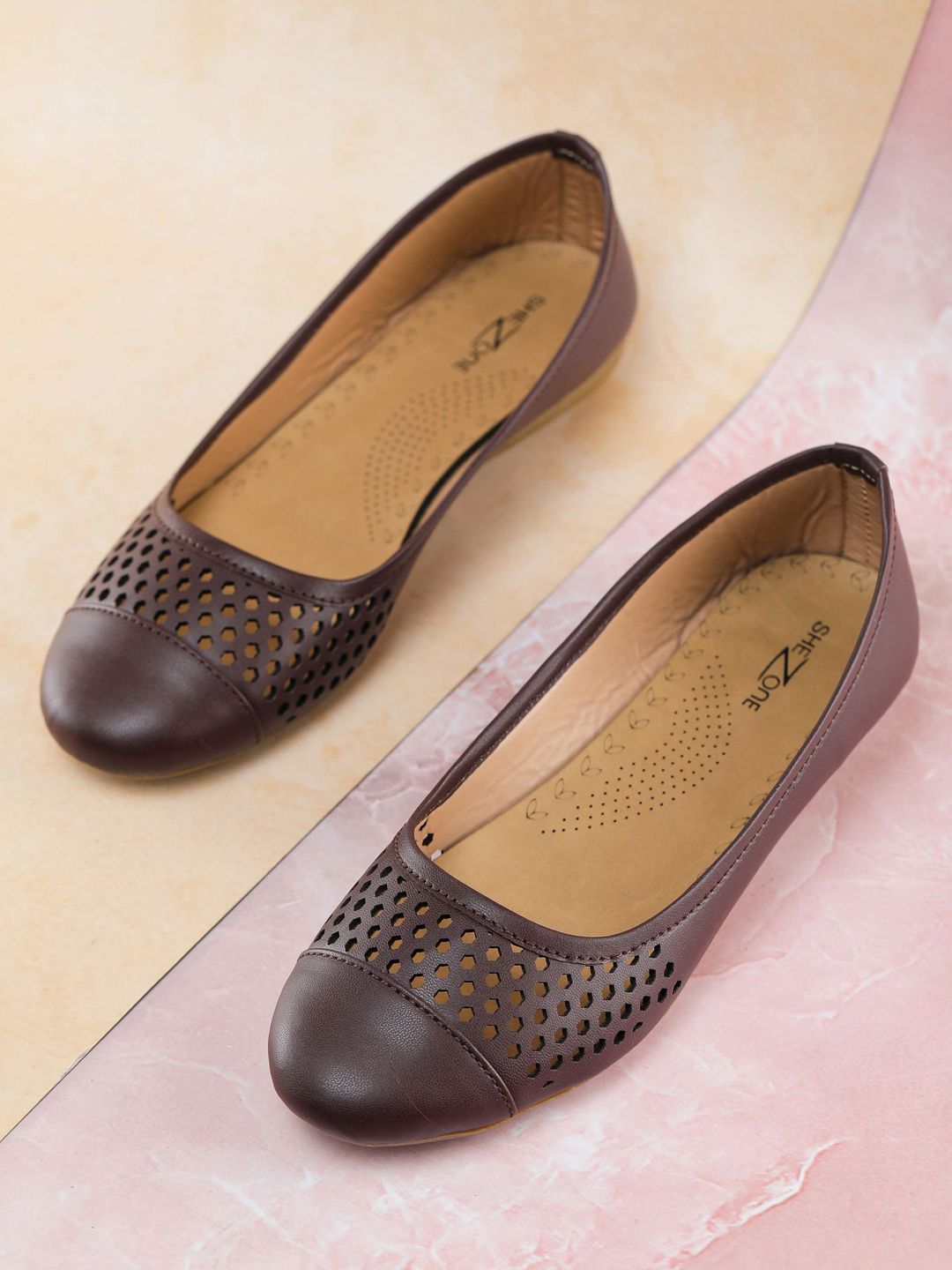 Shezone Women Coffee Brown Laser Cut Ballerinas