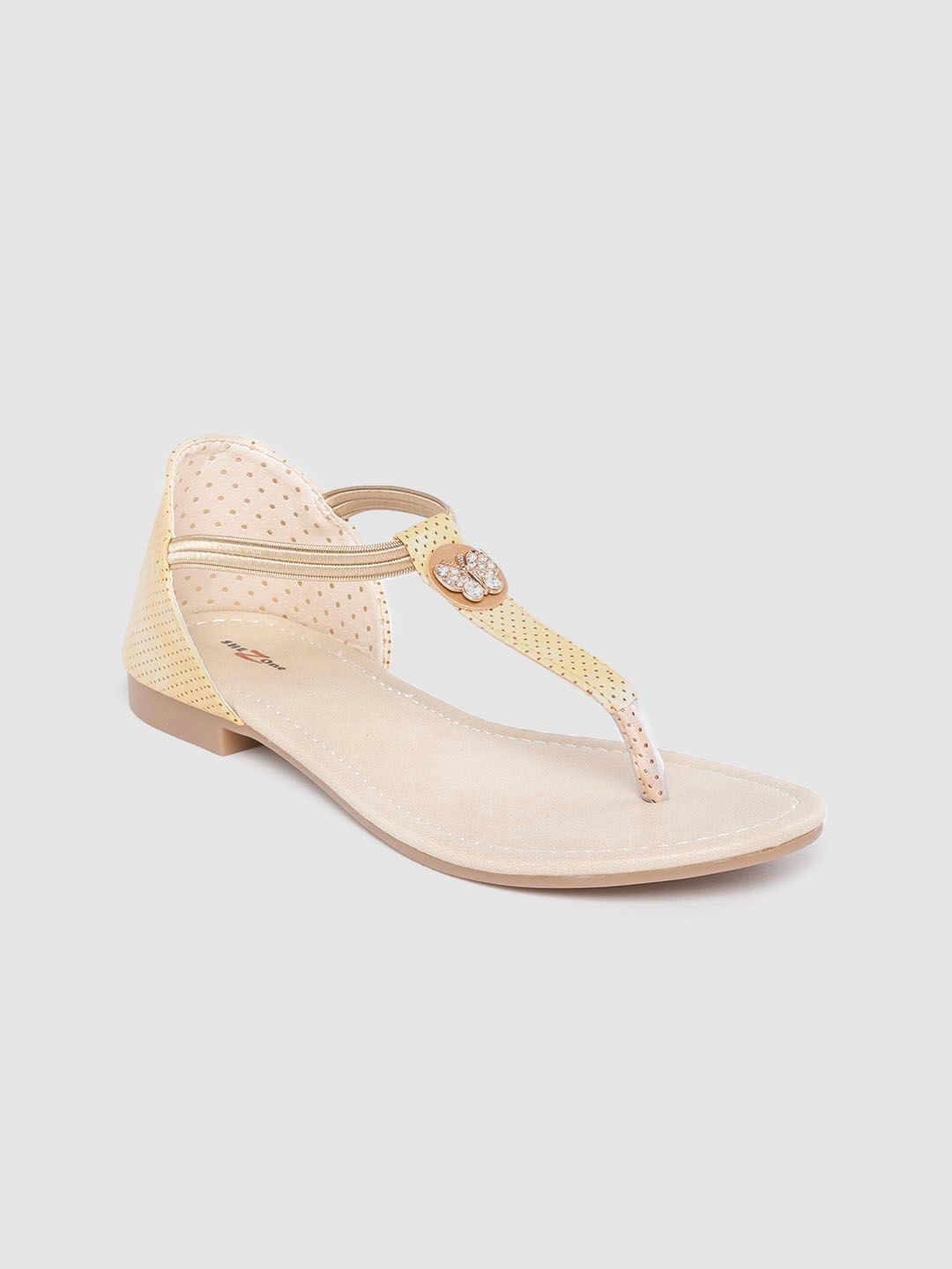 Shezone Women Cream-Coloured Perforated T-Strap Flats Price in India