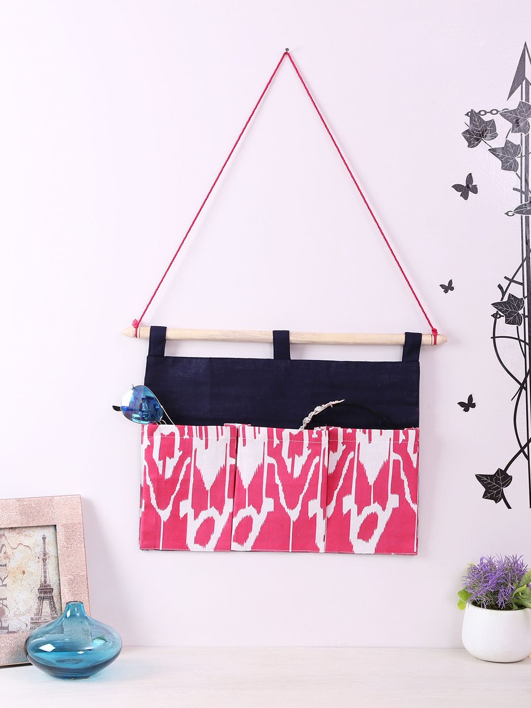 Rajasthan Decor Black & Pink Printed Multipurpose 3 Pocket Wall Hanging Organiser Price in India