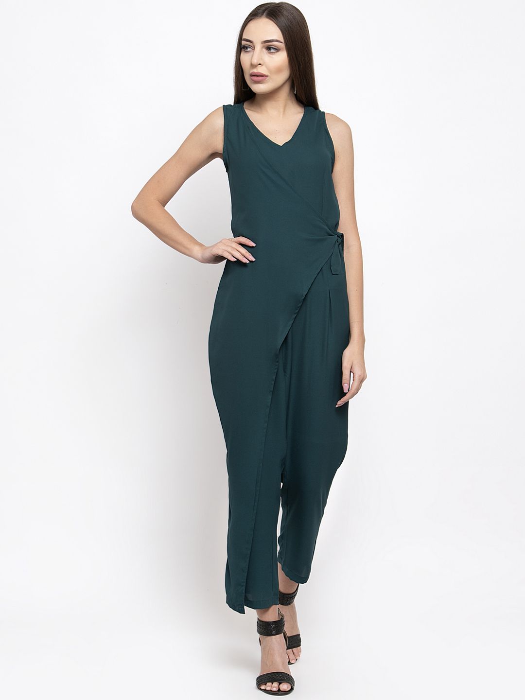 THE SILHOUETTE STORE Women Green Solid Basic Jumpsuit Price in India