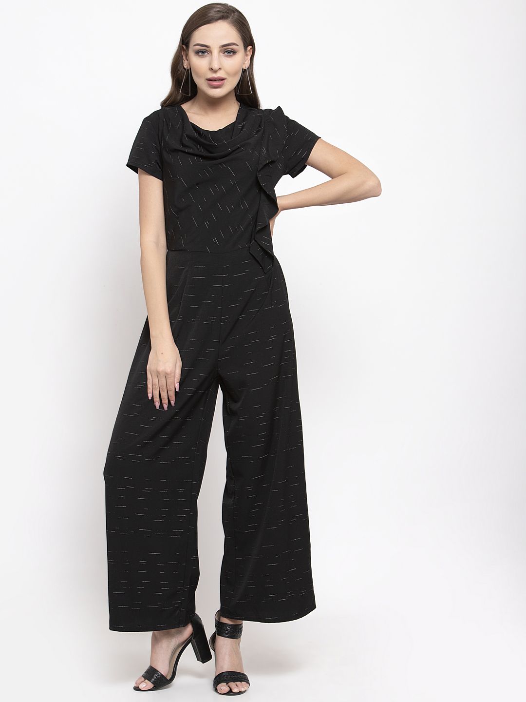 THE SILHOUETTE STORE Women Black & Silver-Coloured Printed Basic Jumpsuit Price in India
