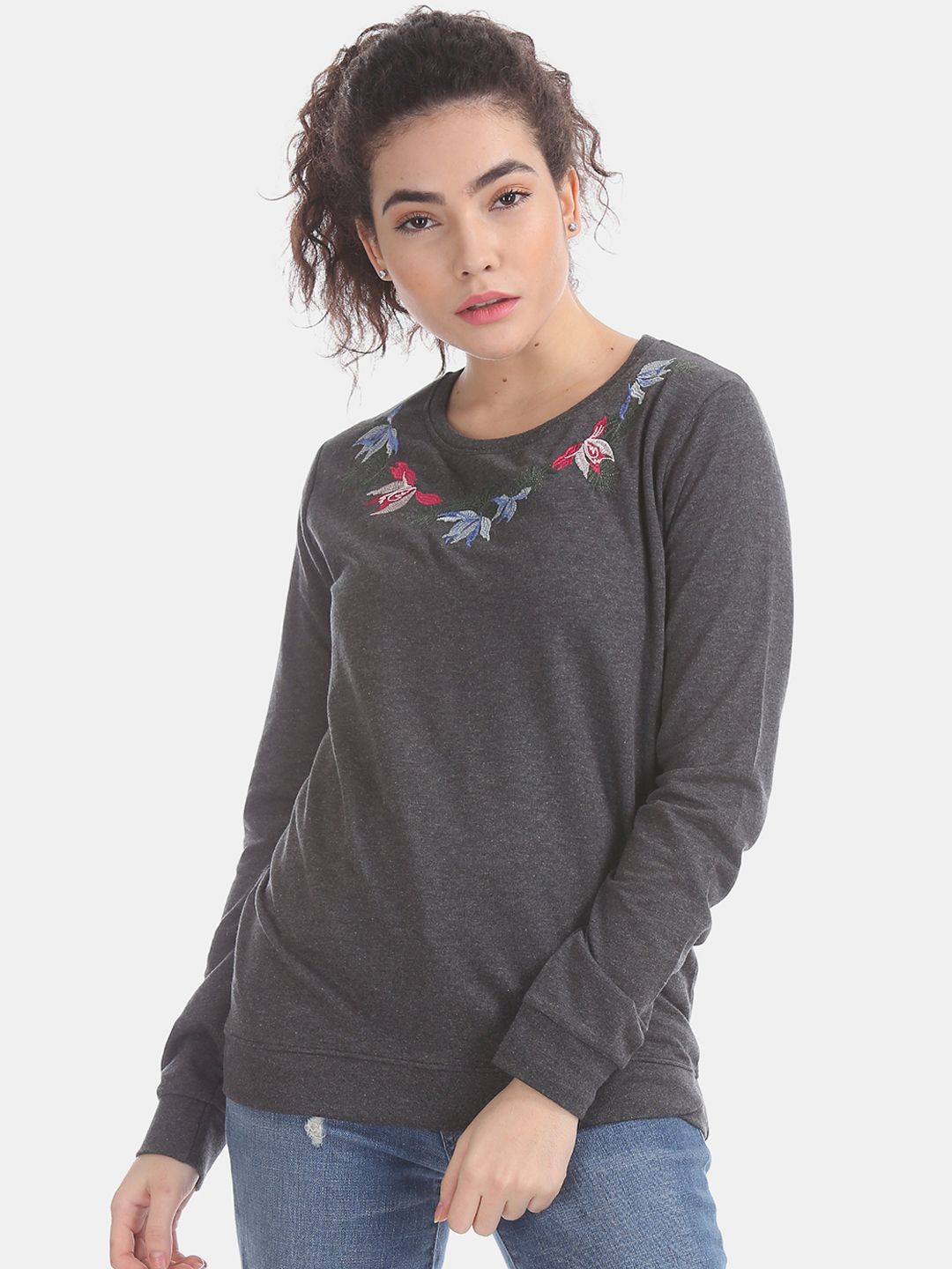 Cherokee Women Charcoal Grey Floral Embroidered Sweatshirt Price in India