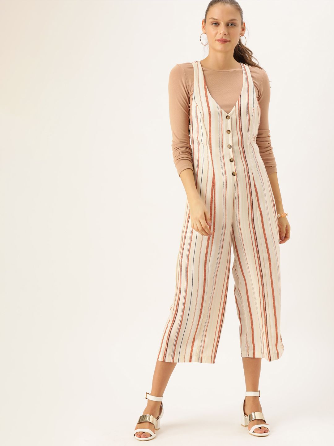 FOREVER 21 Women Off-White & Brown Striped Basic Jumpsuit Price in India