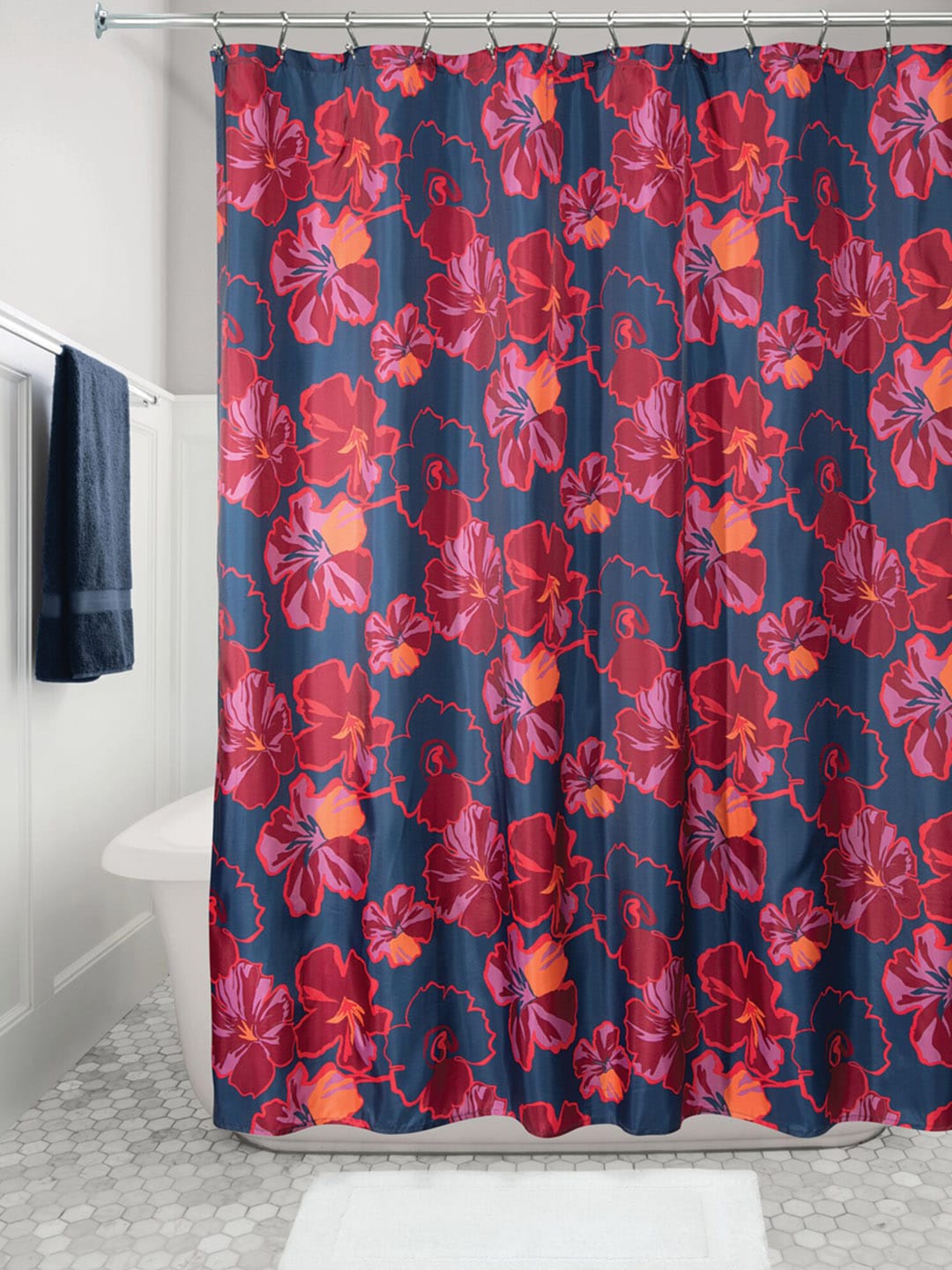 INTERDESIGN Navy Blue & Red Printed Shower Curtain Price in India