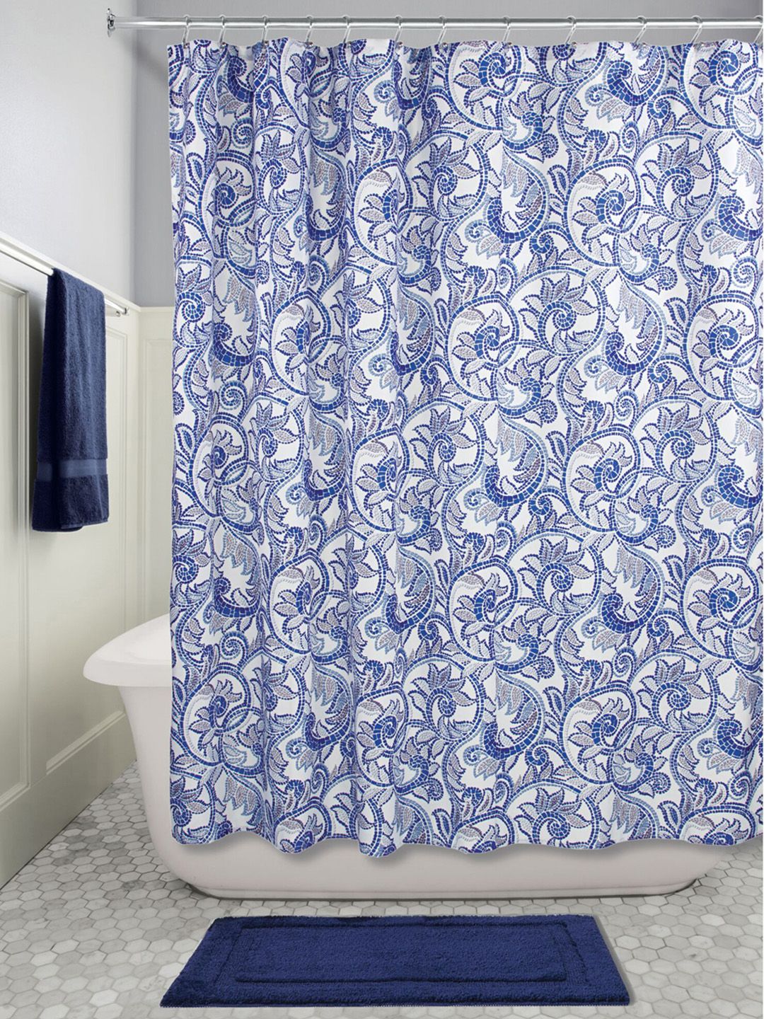 INTERDESIGN Blue & White Printed Mosaic Vine Shower Curtain Price in India
