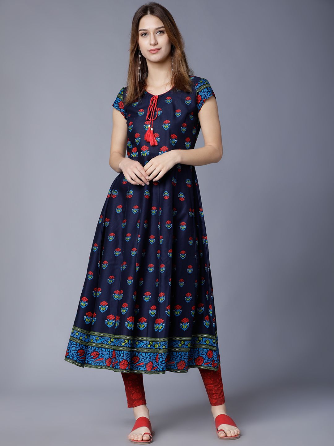 Vishudh Women Navy Blue & Red Floral Printed A-Line Kurta Price in India