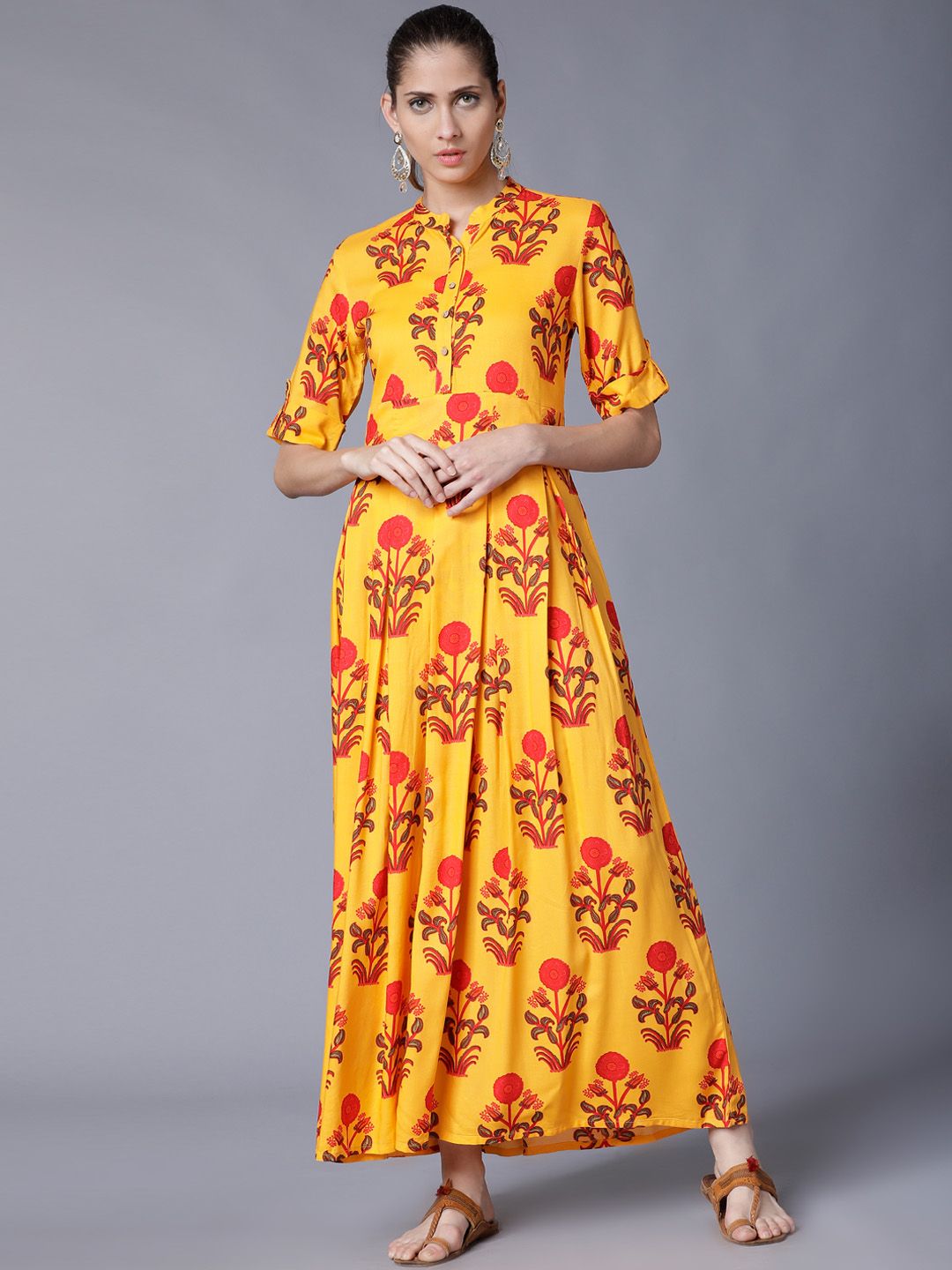 Vishudh Women Yellow Printed Maxi Dress