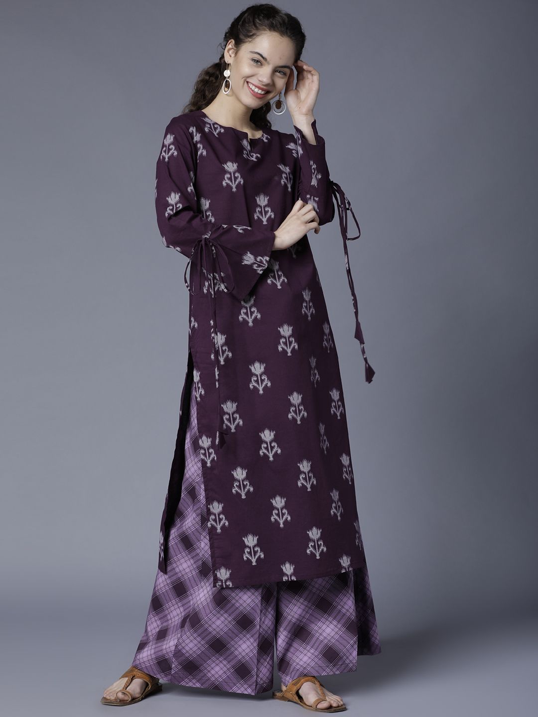 Vishudh Women Purple & Grey Printed Kurta with Checked Palazzos Price in India