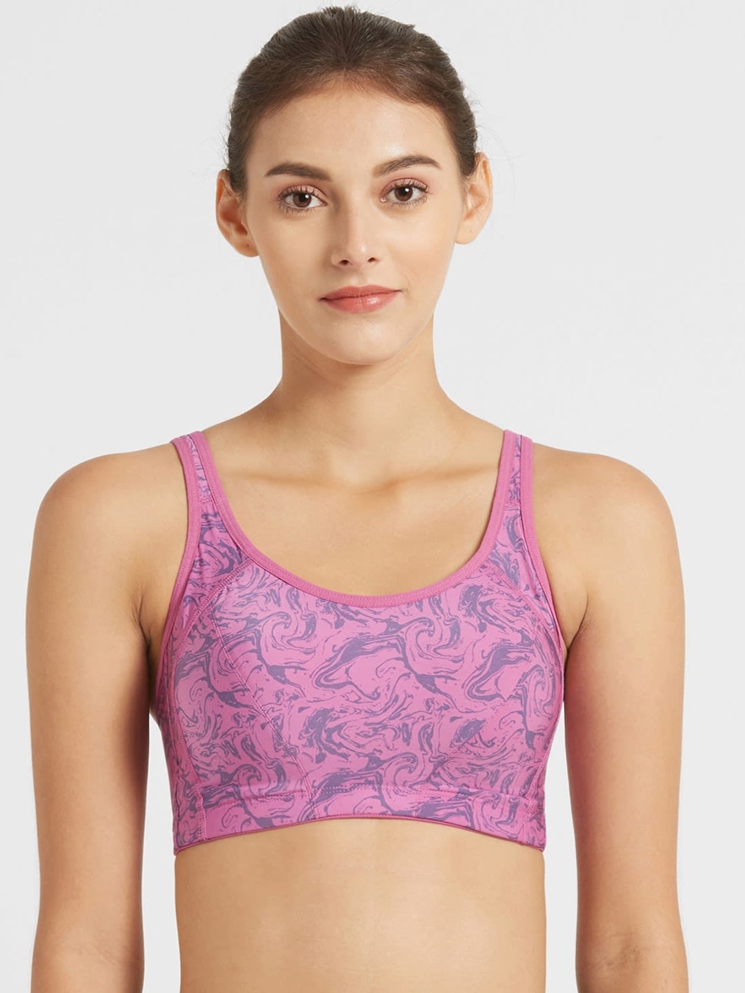 Jockey Pink & Blue Printed Non-Wired Lightly Padded Medium Support Sports Bra MI01-0103 Price in India