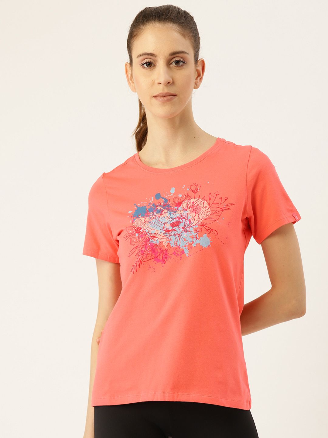 Jockey Women Coral Pink & Blue Comfort Fit Printed Round Neck T-shirt Price in India