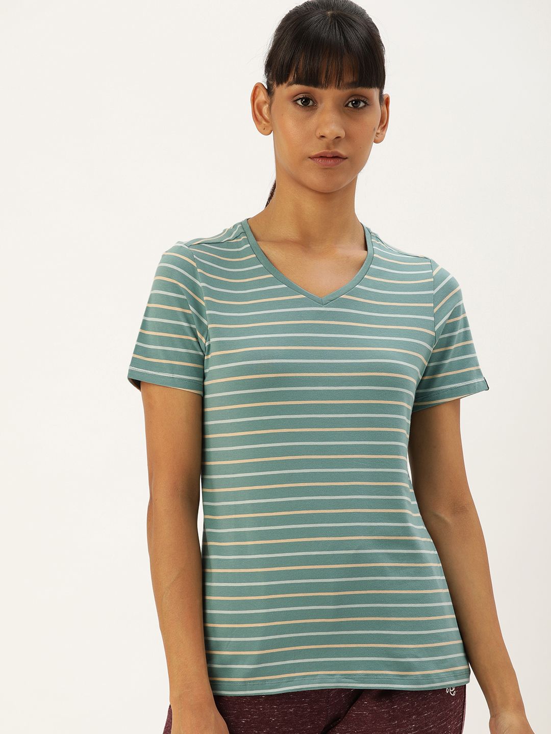 Jockey Women Green Comfort Fit Striped V-Neck T-shirt Price in India