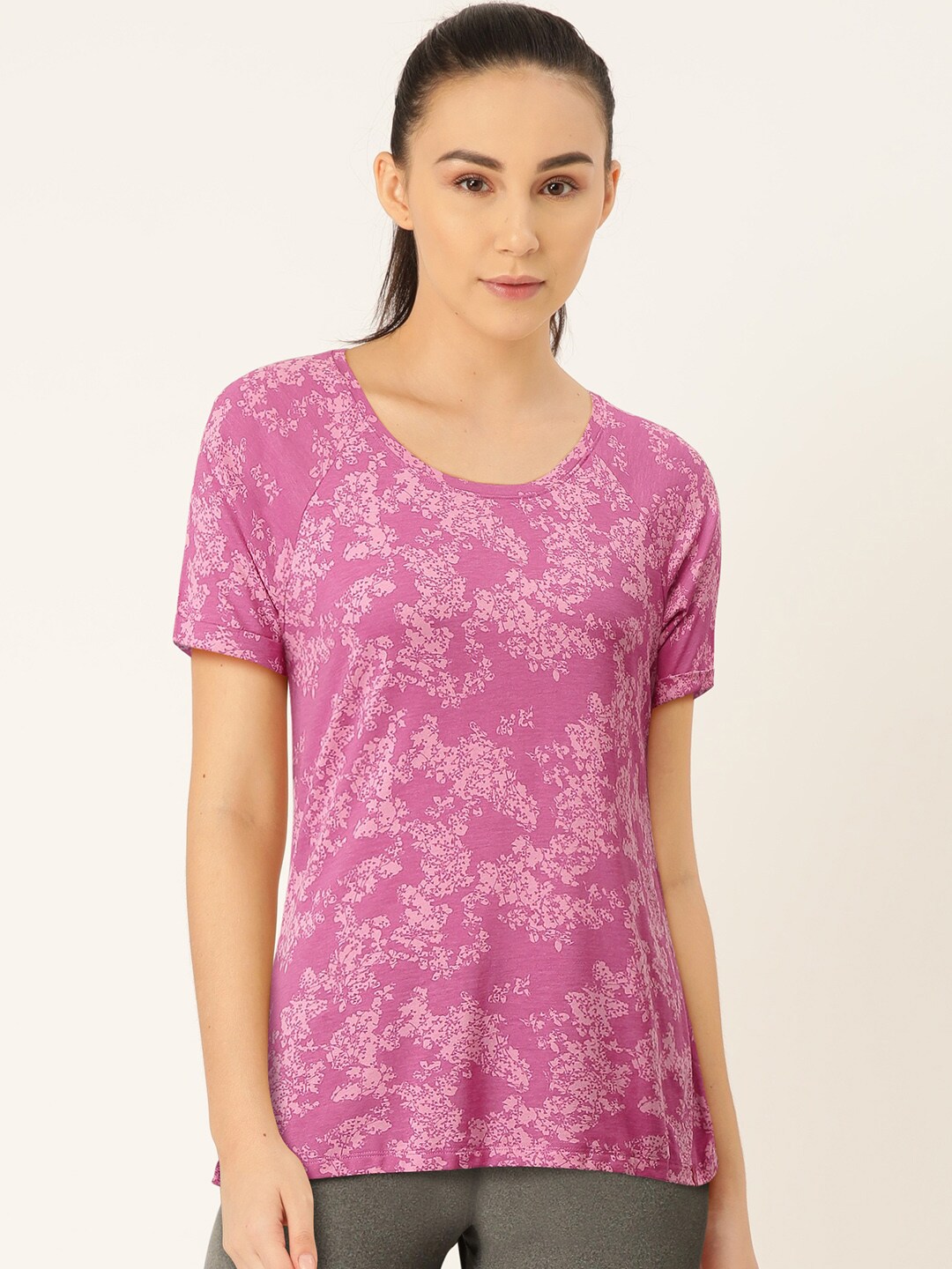 Jockey Women Pink & Lavender Floral Print Round Neck Sports T-shirt Price in India