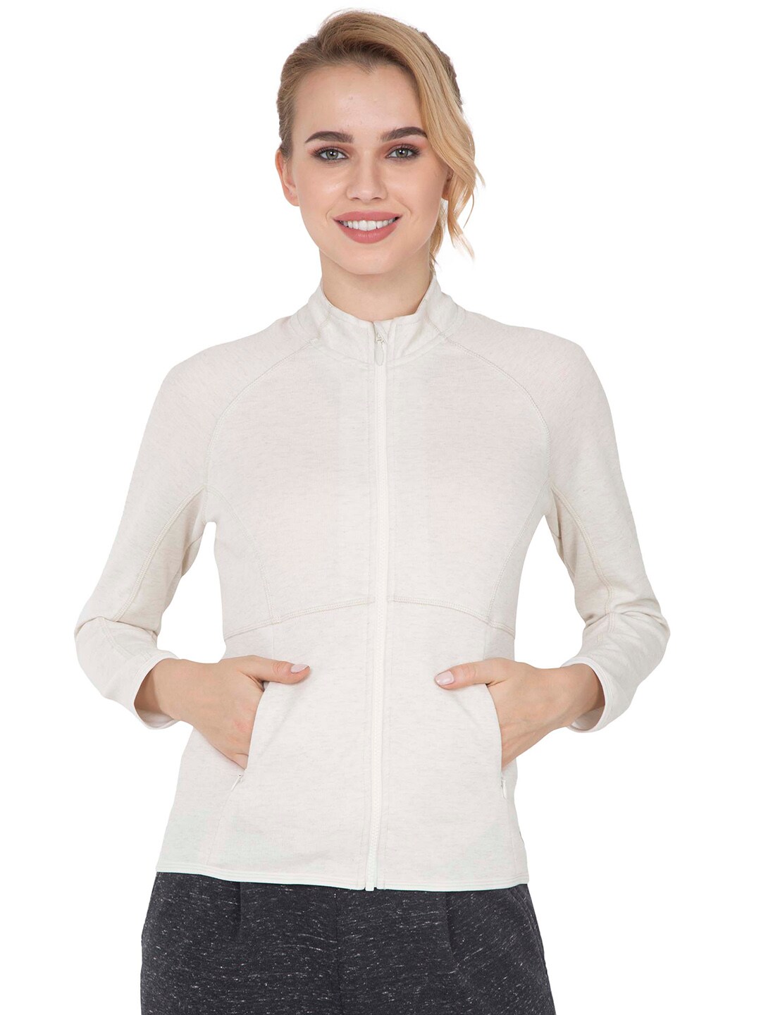 Jockey Women Cream-Coloured Solid Sporty Jacket Price in India