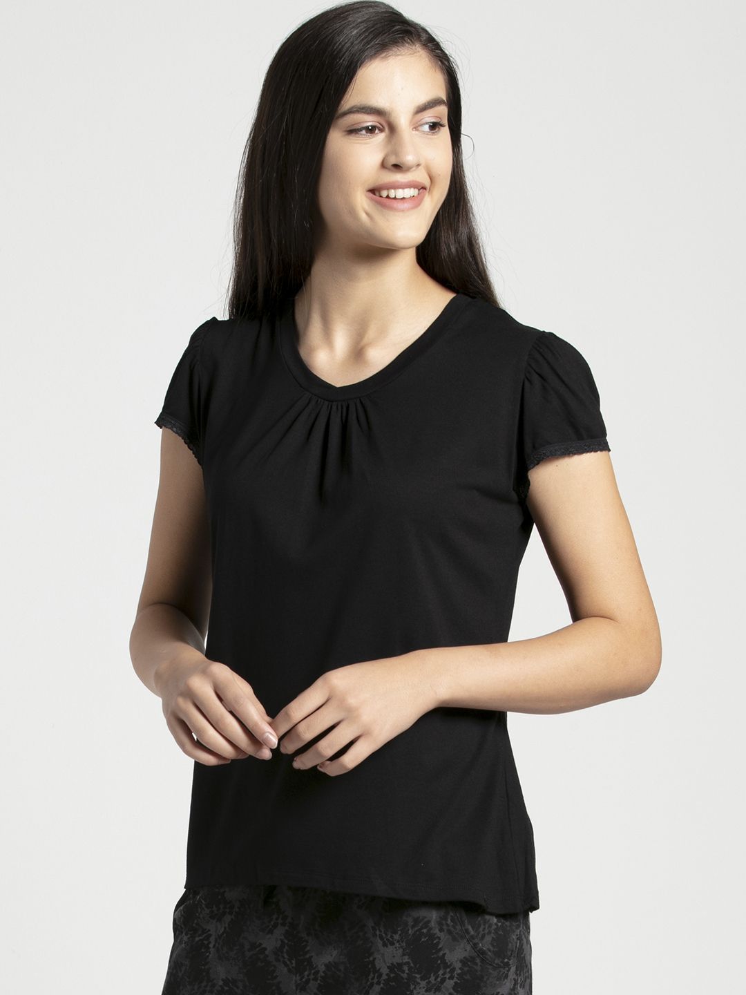 Jockey Women Black Solid Relaxed Fit V-Neck Lounge T-shirt Price in India