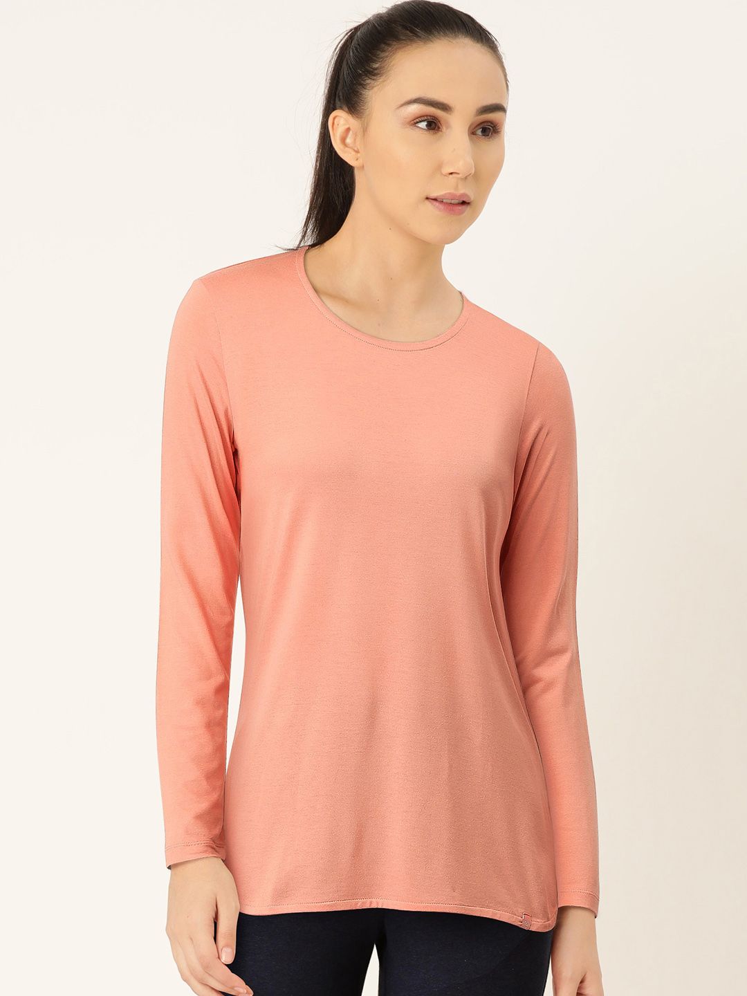 Jockey Women Peach-Coloured Solid Round Neck T-shirt Price in India