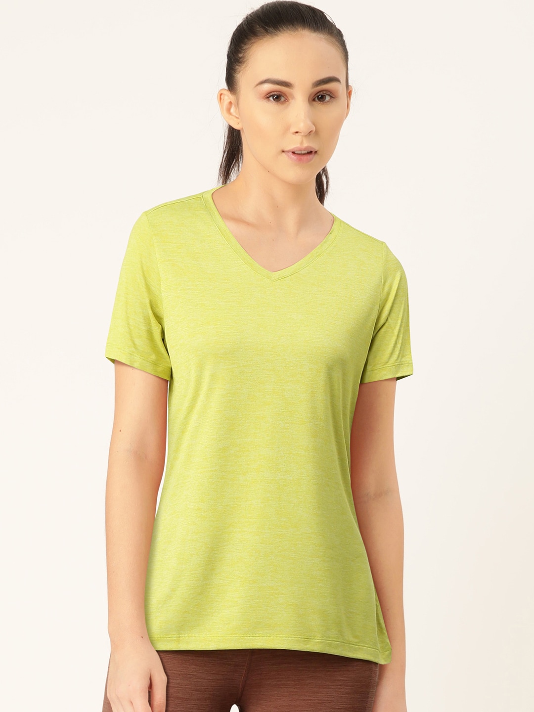 Jockey Women Lime Green Solid V-Neck T-shirt Price in India