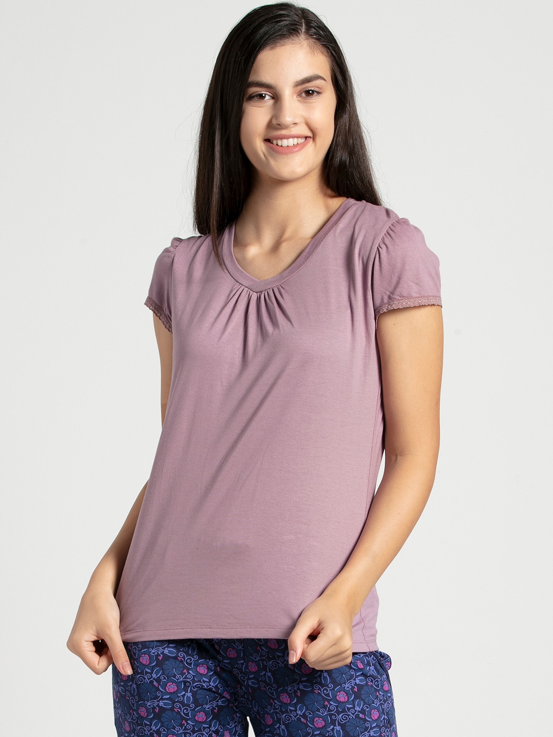 Jockey Women Mauve Solid Relaxed Fit Round Neck Lounge T-shirt with Puff Sleeves Price in India