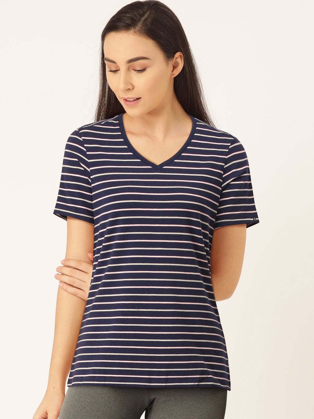 Jockey Women Navy Blue & Off-White Comfort Fit Striped Lounge T-shirt Price in India