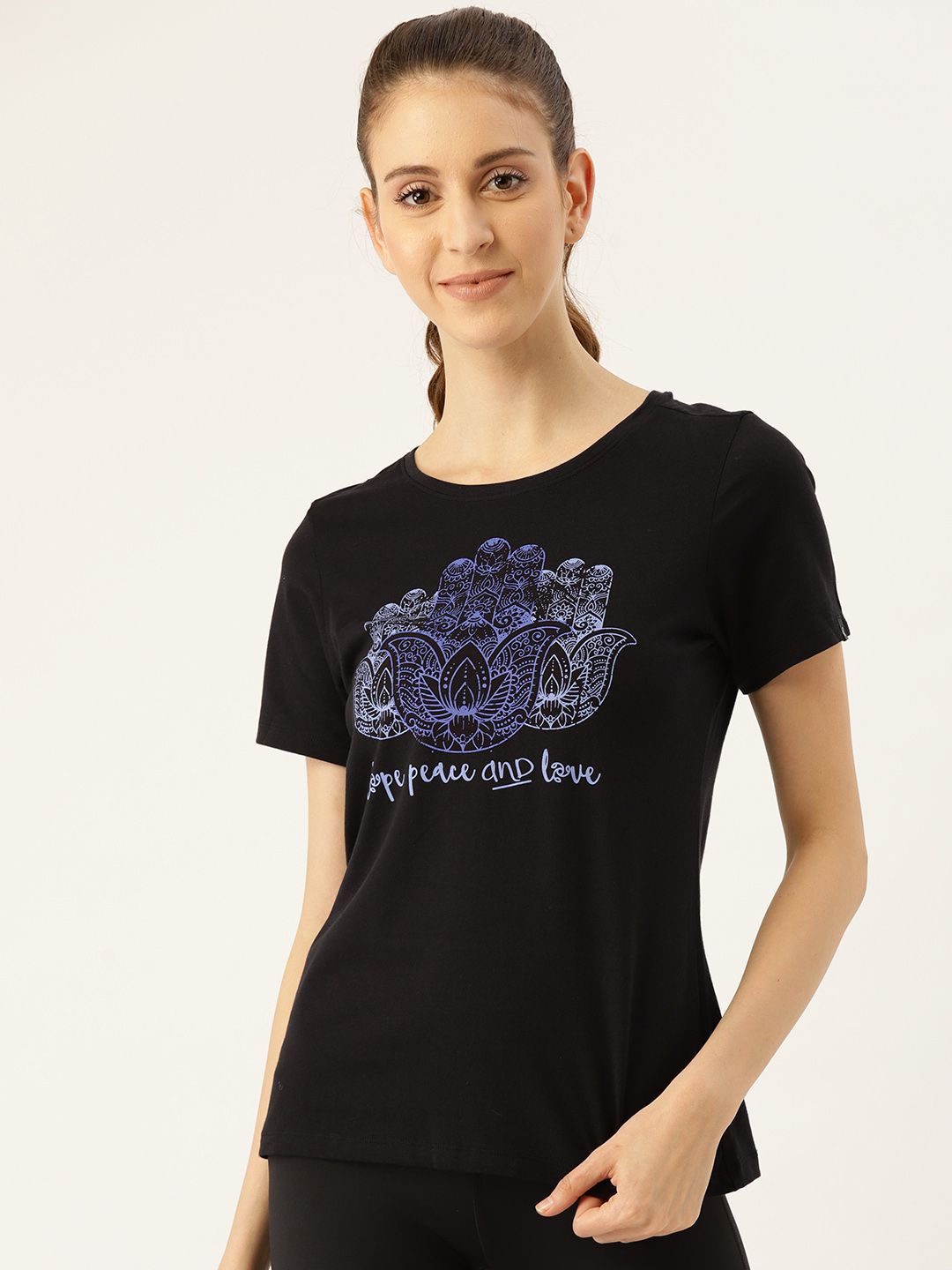 Jockey Women Black & Blue Comfort Fit Printed Round Neck T-shirt Price in India