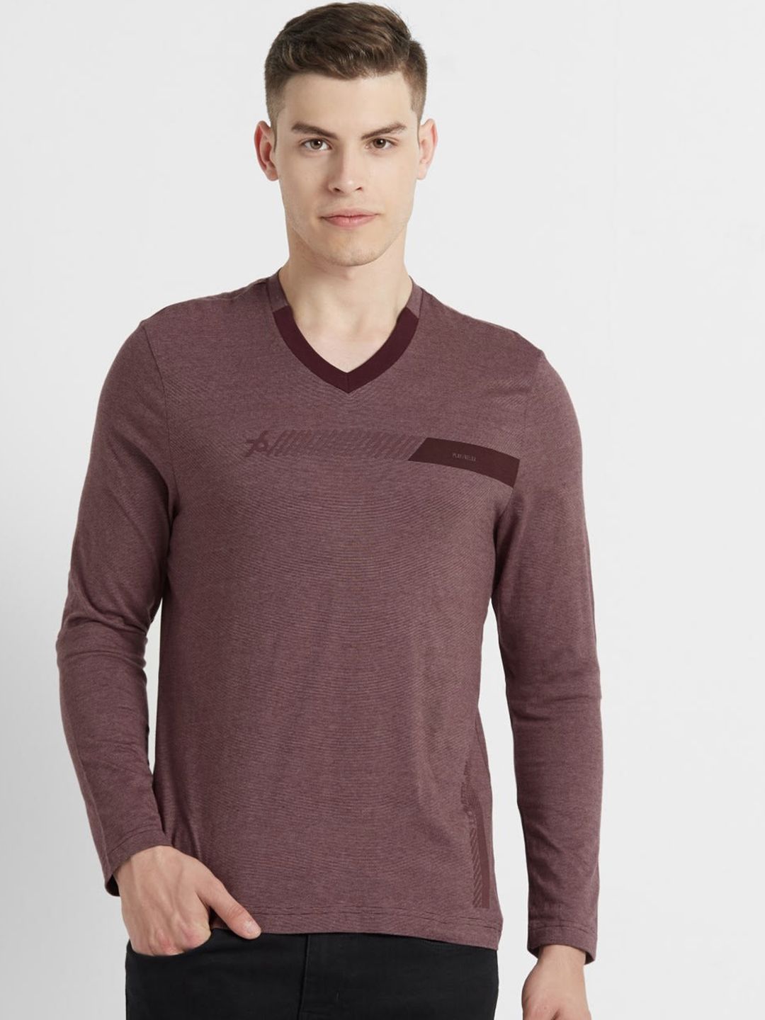 Jockey Athleisure Men Maroon Solid V-Neck T-shirt with Printed Detail