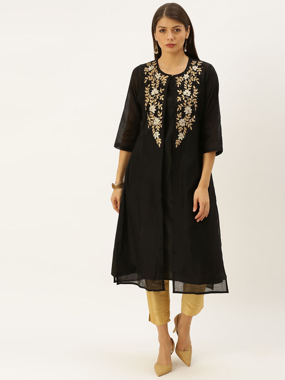 Soch Women Black Yoke Design Layered A-Line Kurta