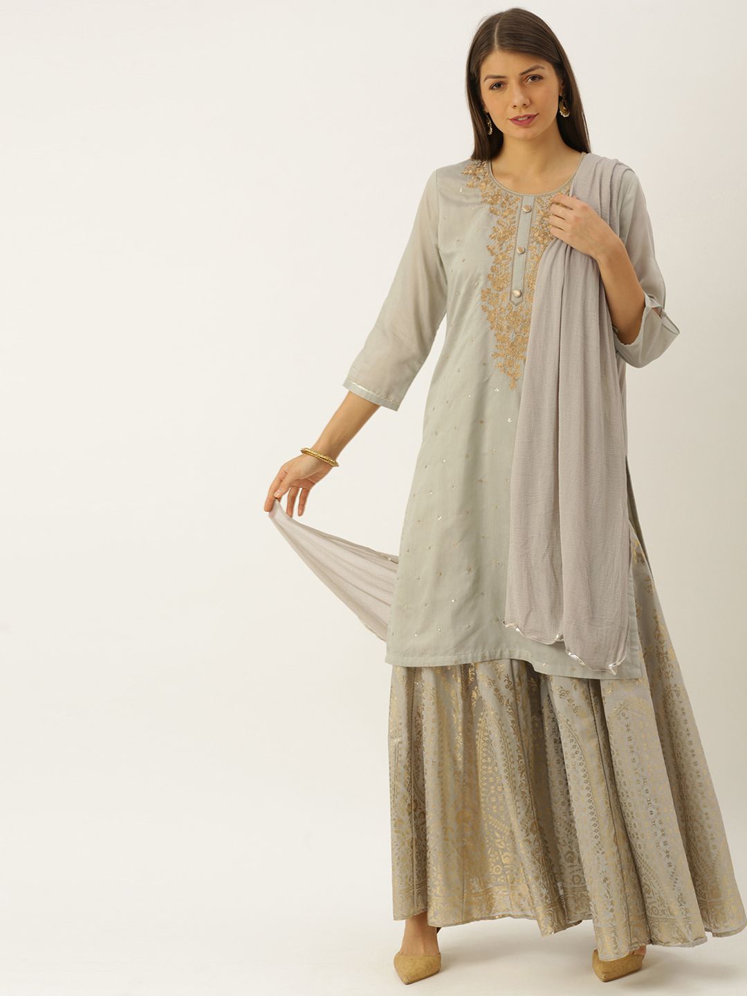 Soch Women Grey & Gold-Toned Embroidered Kurta with Palazzos & Dupatta