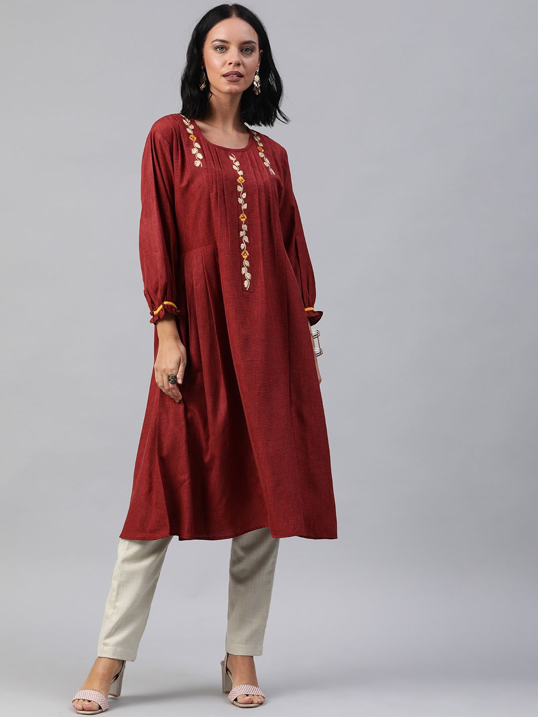Soch Women Maroon Embroidered A-Line Kurta