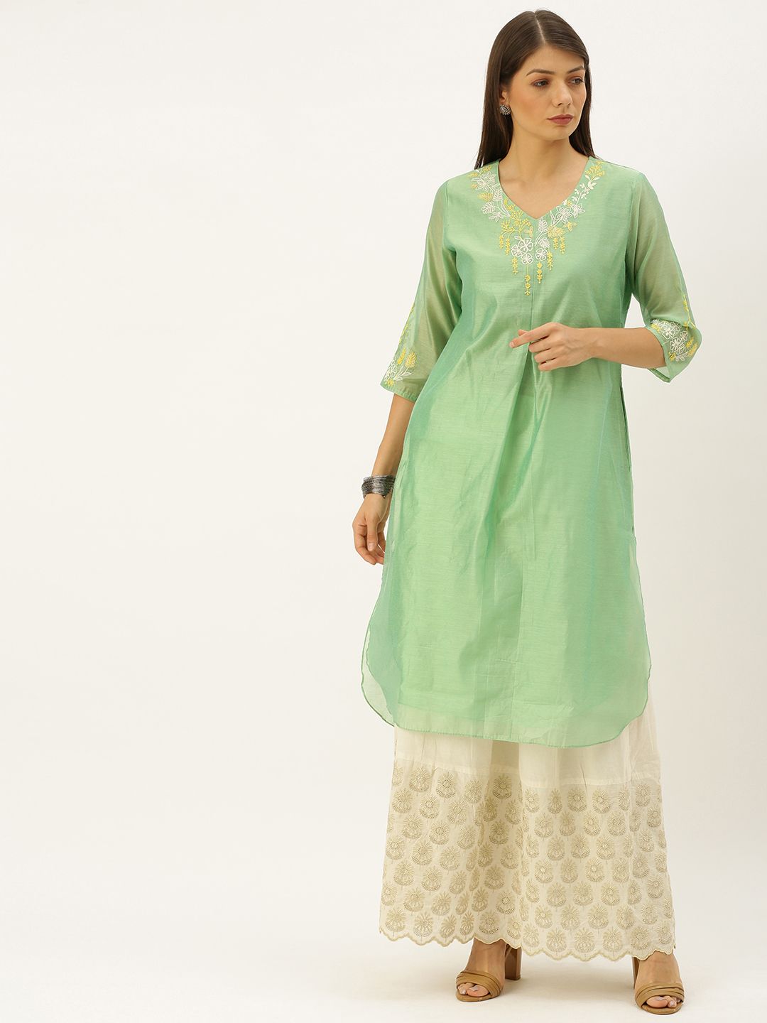 Soch Women Green Yoke Design Straight Kurta