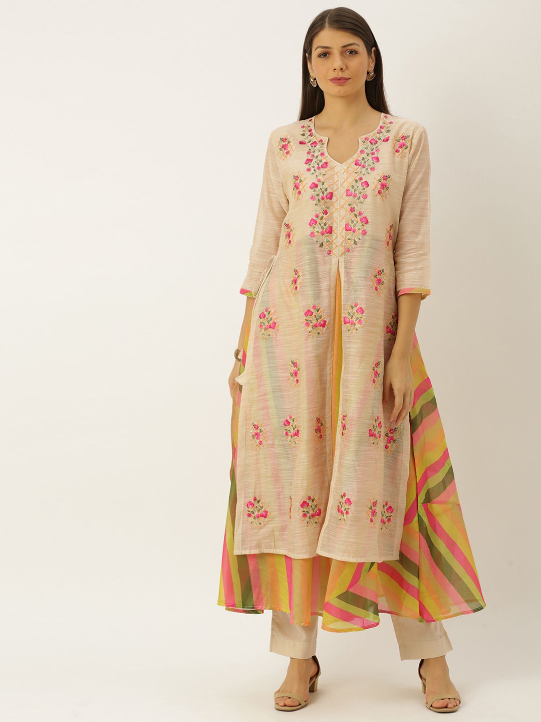 Soch Women Beige & Pink Embroidered Kurta with Palazzos