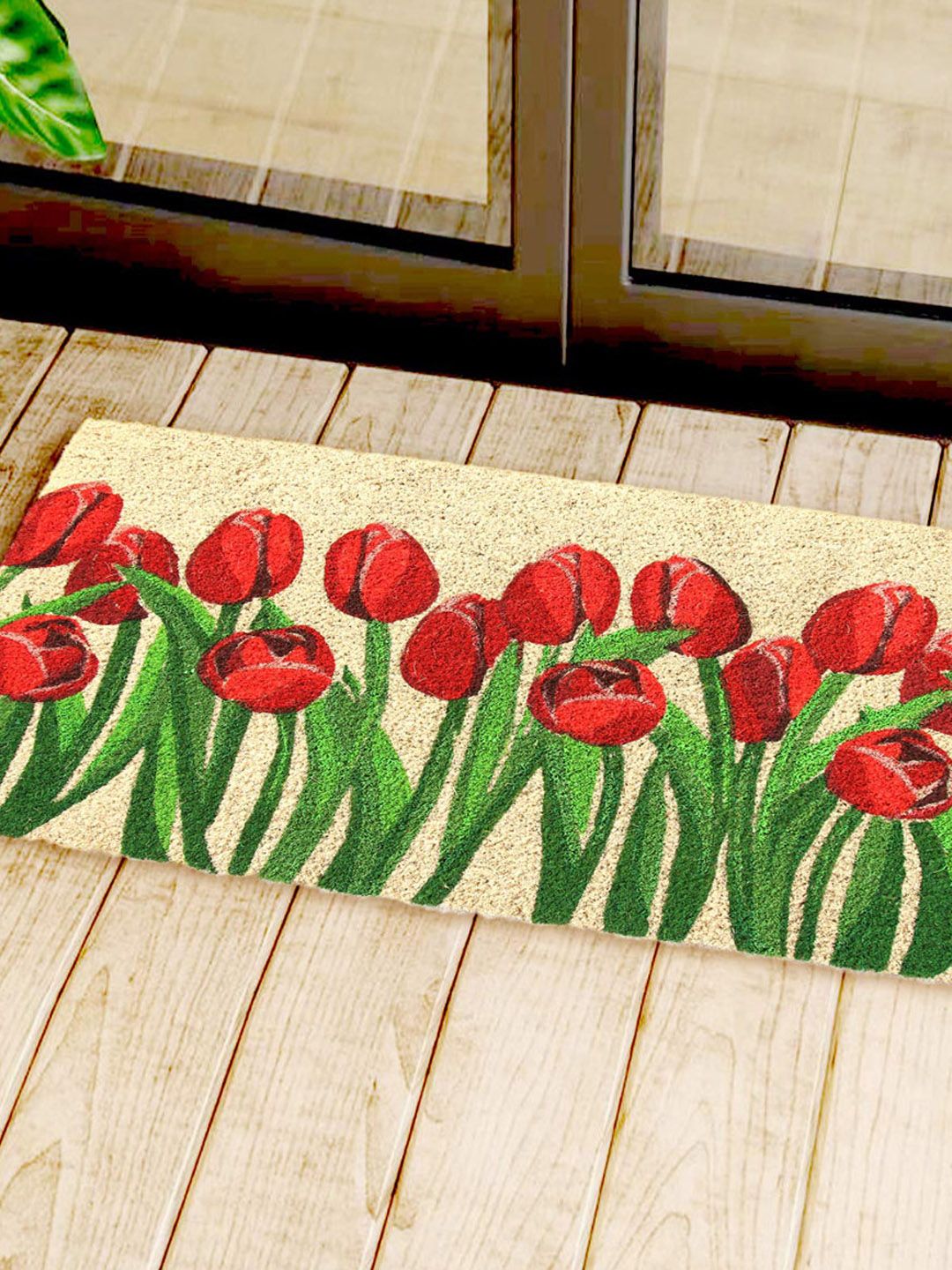 Onlymat Beige & Red Tulips Rectangle Coir Doormat Price in India