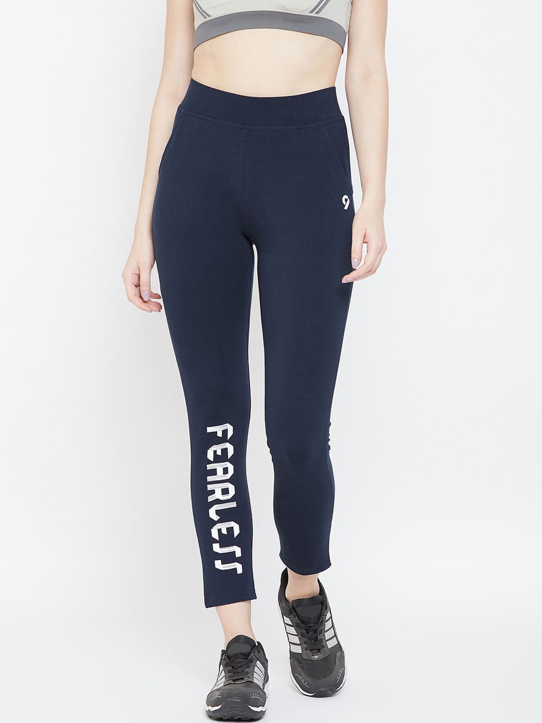 C9 AIRWEAR Women Navy Blue Solid Airwear Slim-Fit Typography Track Pants Price in India