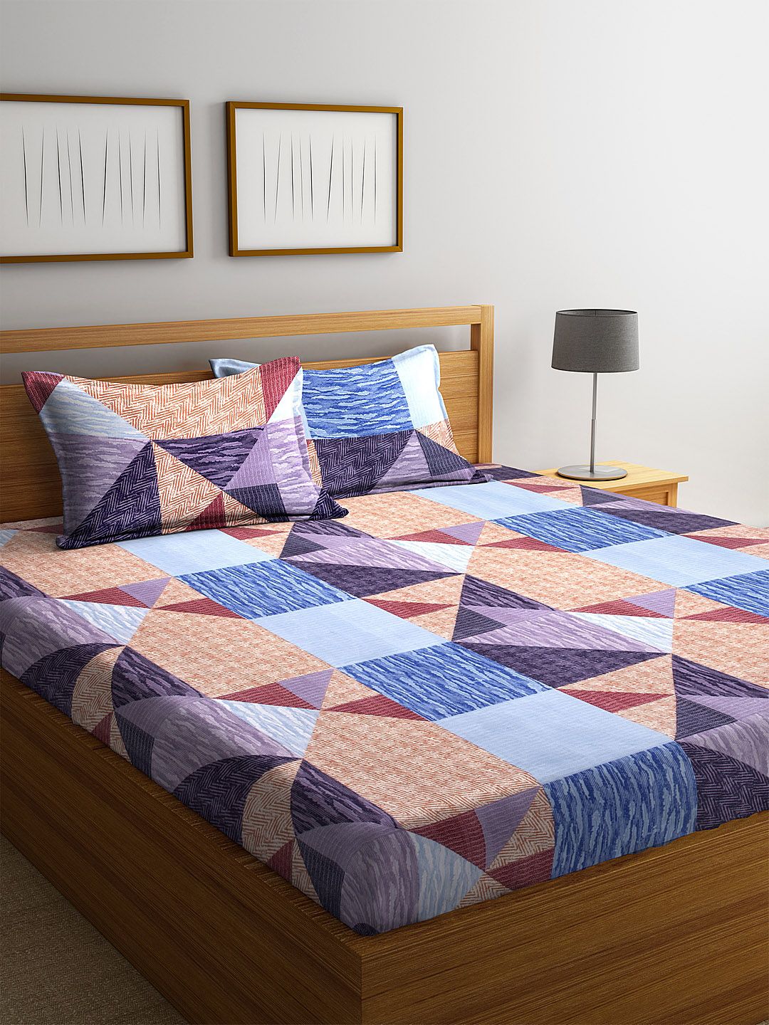 Home Sizzler Purple & Blue Abstract 144 TC Polyester 1 Queen Bedsheet with 2 Pillow Covers Price in India