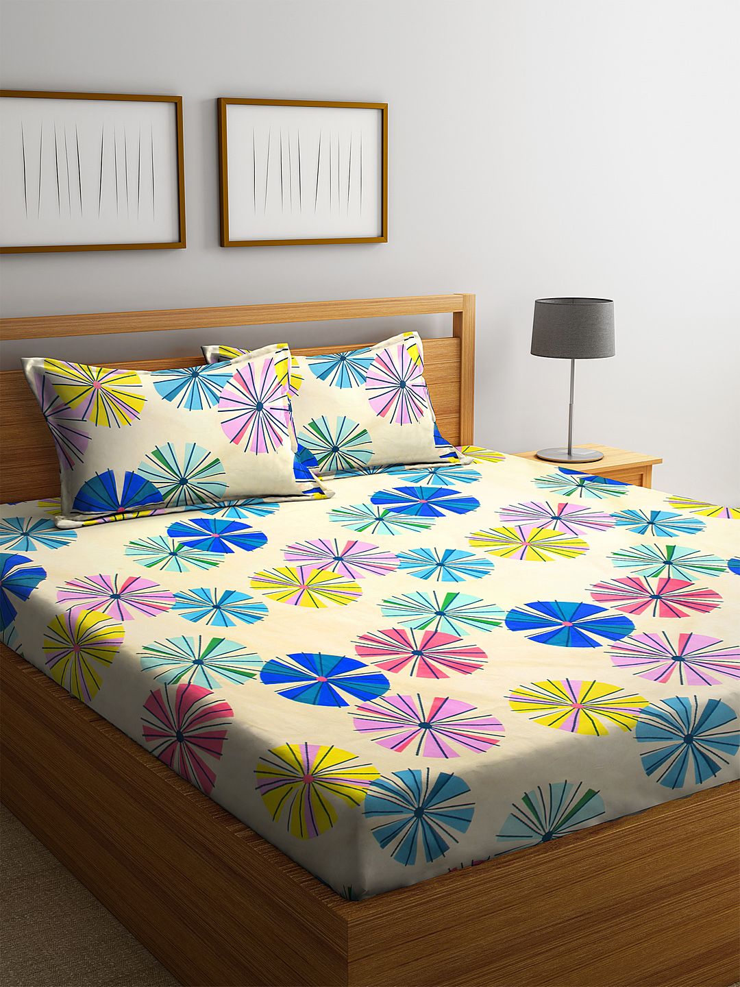 Home Sizzler Yellow & Blue Abstract 144 TC Polyester 1 Queen Bedsheet with 2 Pillow Covers Price in India